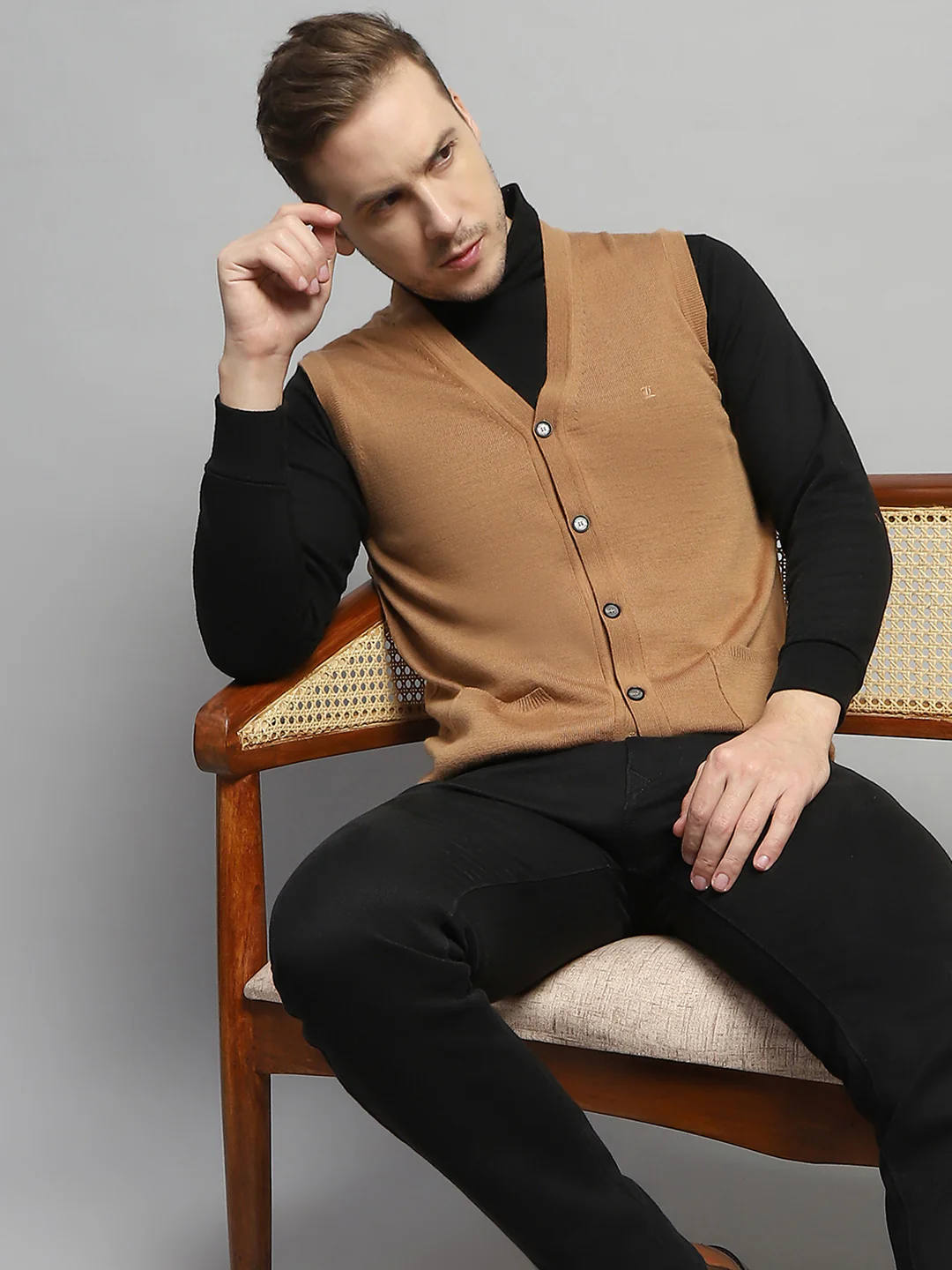 Luxuria Men Beige Solid V Neck Sleeveless Cardigan - Image 7