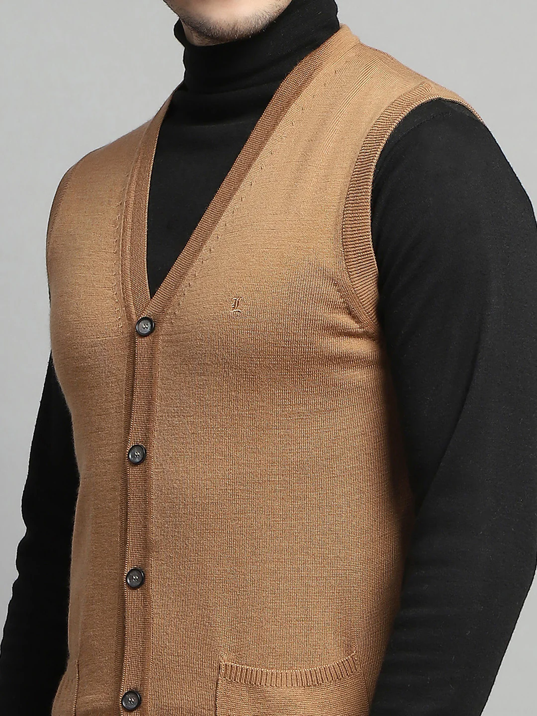 Luxuria Men Beige Solid V Neck Sleeveless Cardigan - Image 8