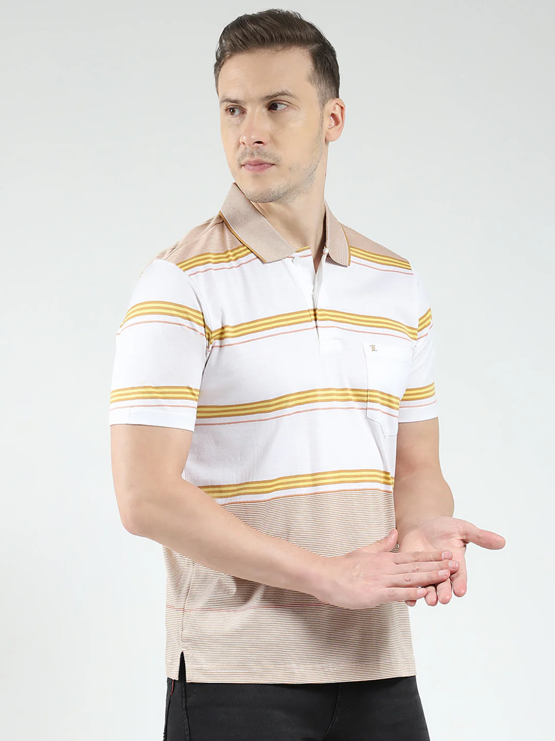 Luxuria Men Beige Stripe Collar Half Sleeve T-Shirt - Image 4