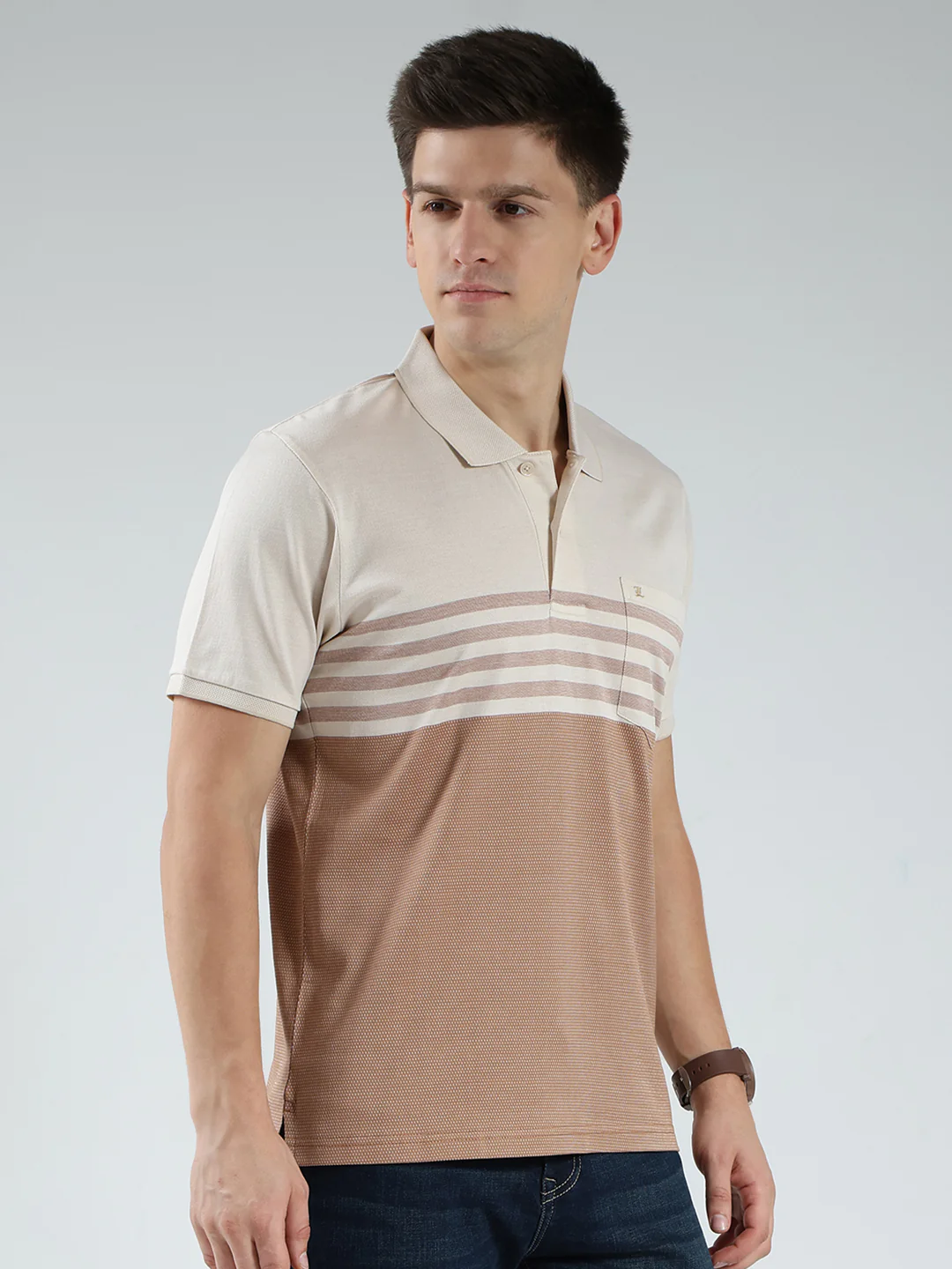 Luxuria Men Beige Stripe Collar Half Sleeve T-Shirt - Image 4