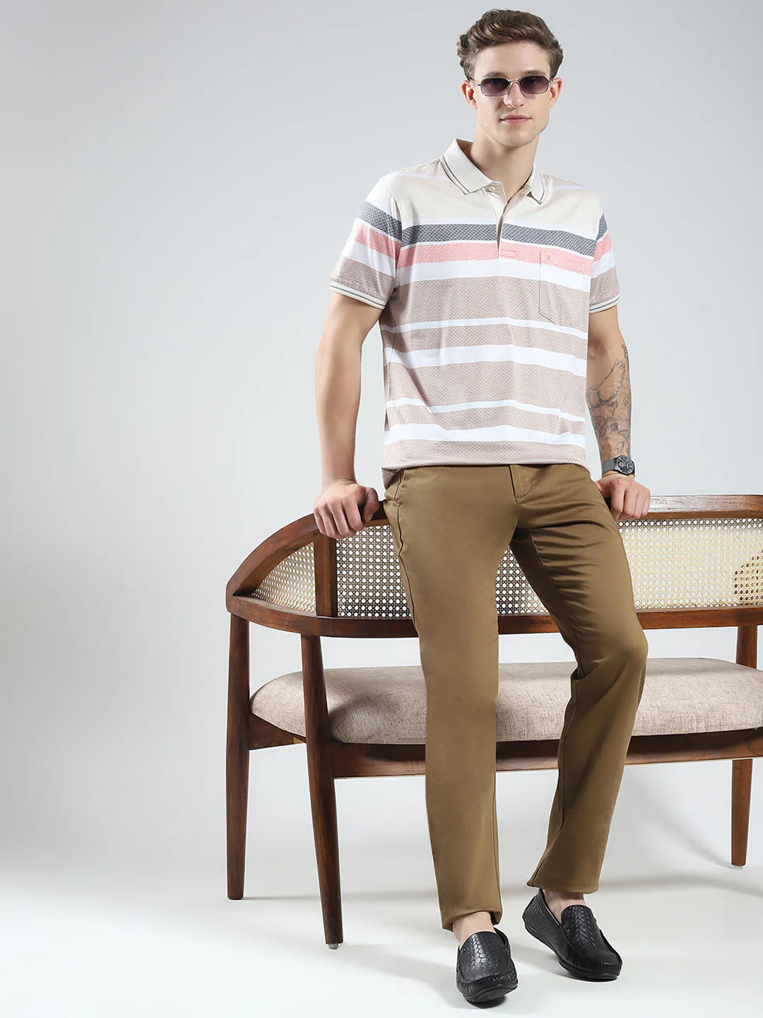 Luxuria Men Beige Stripe Collar Half Sleeve T-Shirt - Image 2
