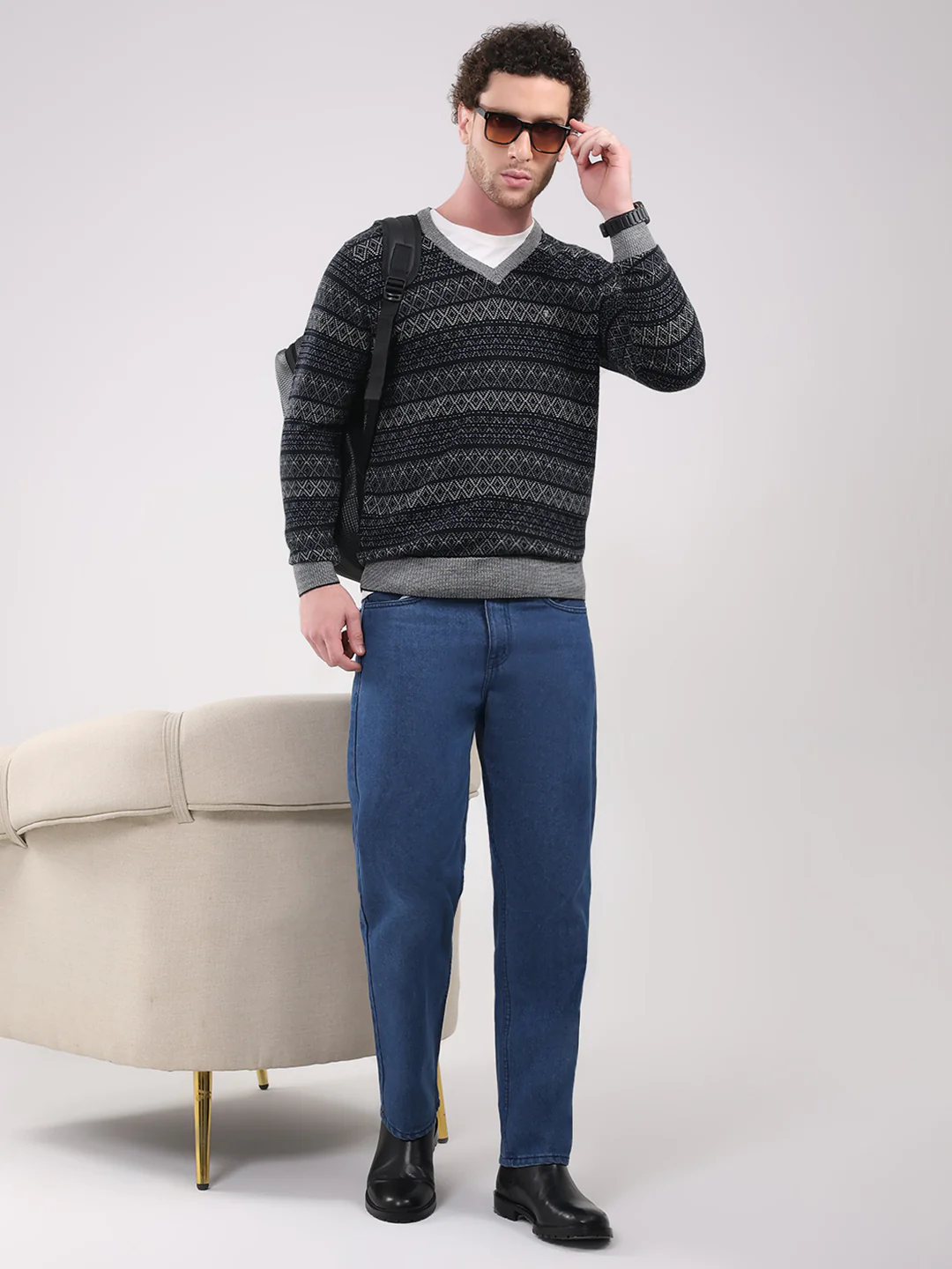 Luxuria Men Black Printed V Neck Full Sleeve Pullover - Image 2