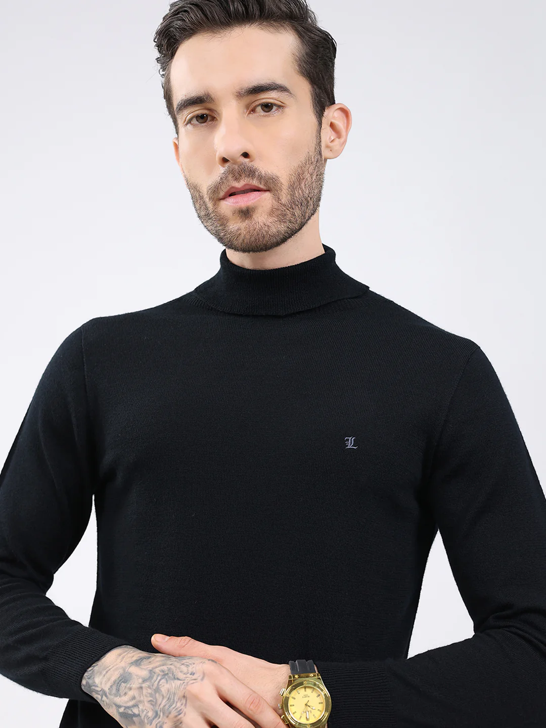 Luxuria Men Black Solid High Neck Full Sleeve Pullover - Image 7