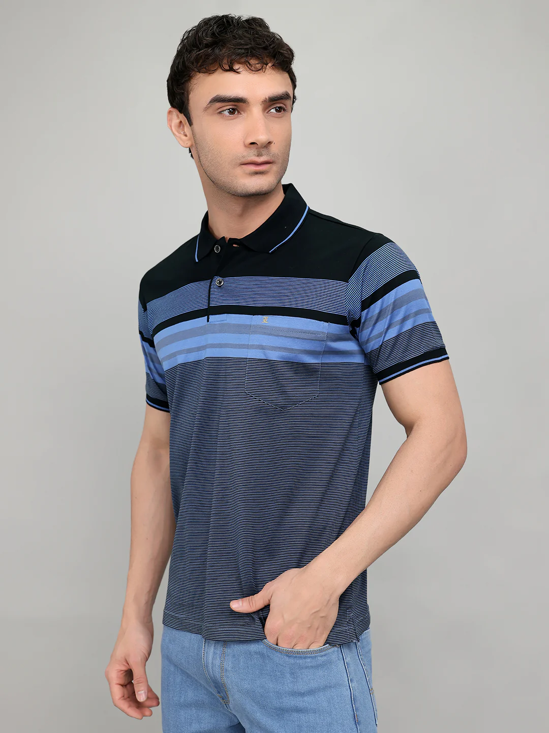 Luxuria Men Black Stripe Collar Half Sleeve T-Shirt - Image 2