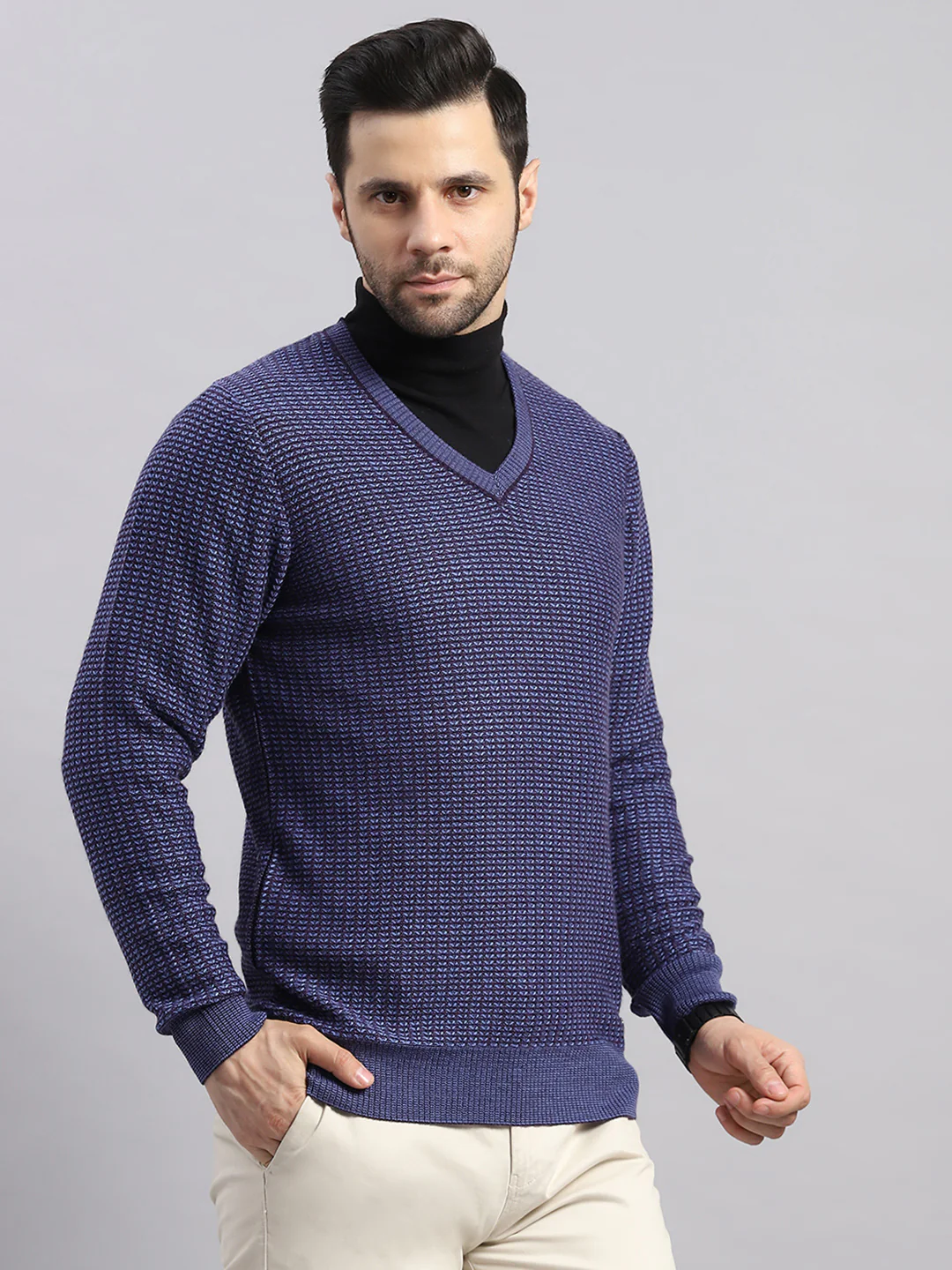 Luxuria Men Blue Printed V Neck Full Sleeve Pullover - Image 4
