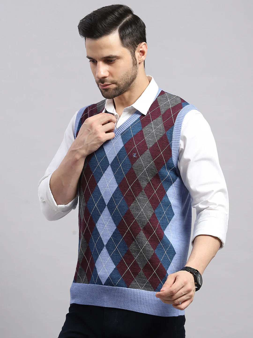 Luxuria Men Blue Printed V Neck Sleeveless Sweater - Image 3