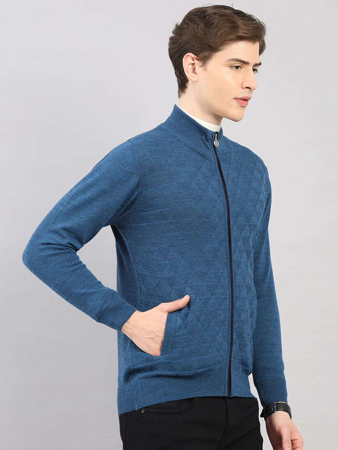 Luxuria Men Blue Self Design Round Neck Full Sleeve Pullover - Image 4