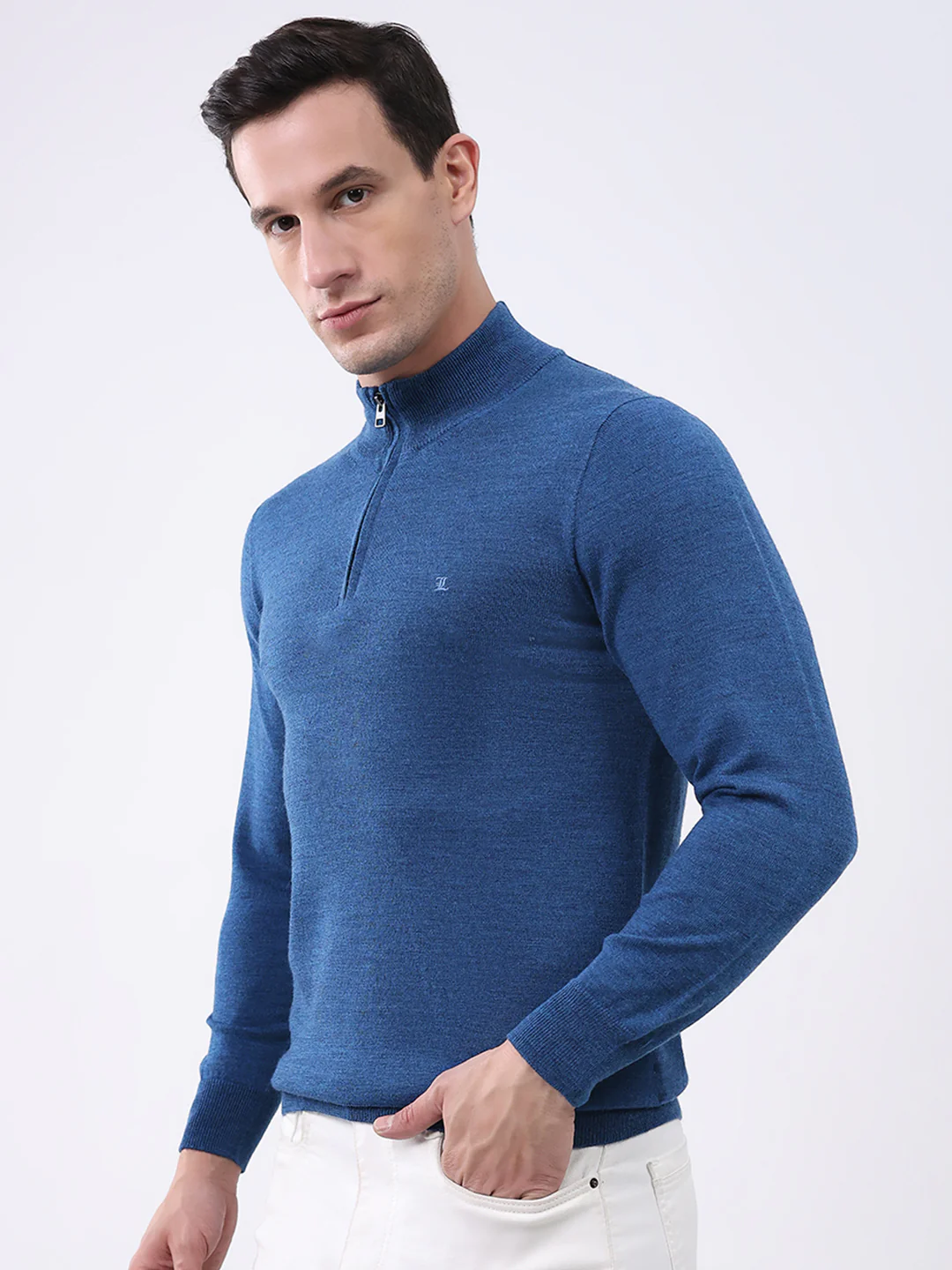 Luxuria Men Blue Solid Mock Neck Full Sleeve Pullover - Image 3