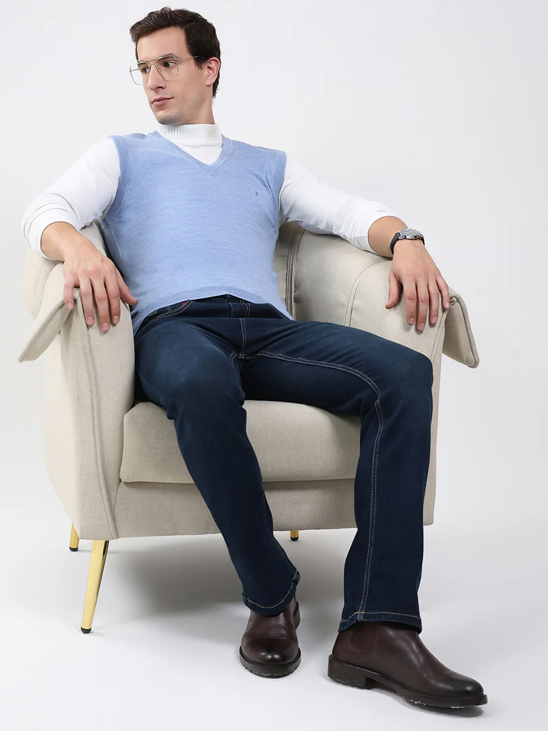 Luxuria Men Blue Solid V Neck Sleeveless Sweater - Image 2