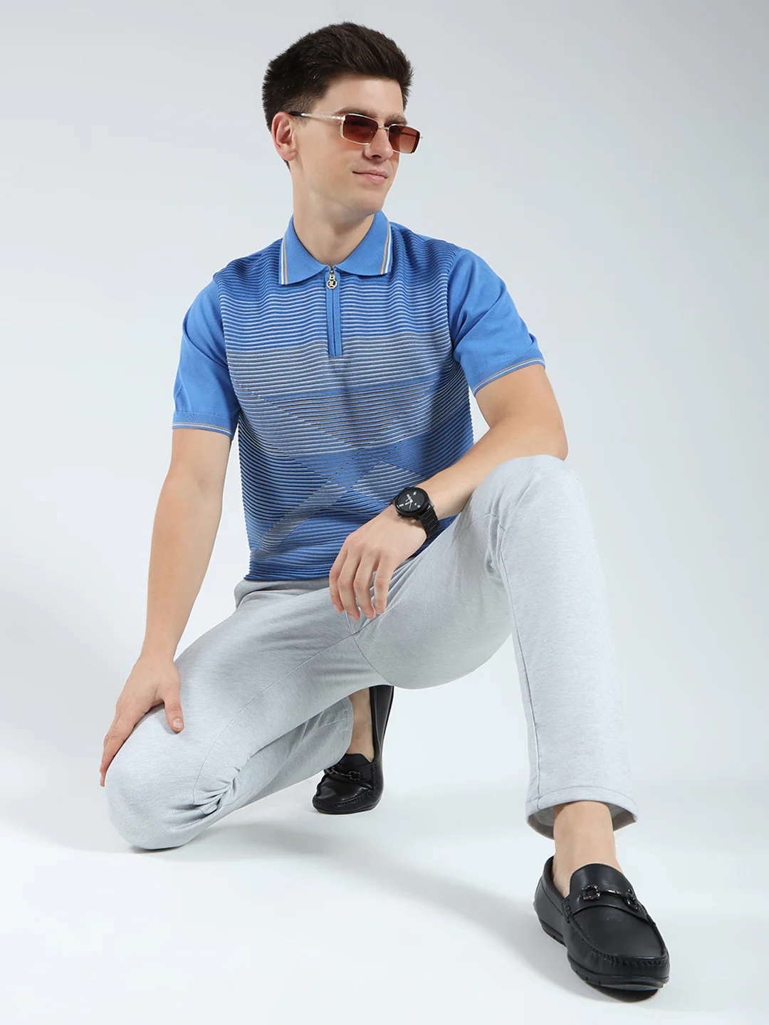 Luxuria Men Blue Stripe Collar Half Sleeve T-Shirt - Image 2