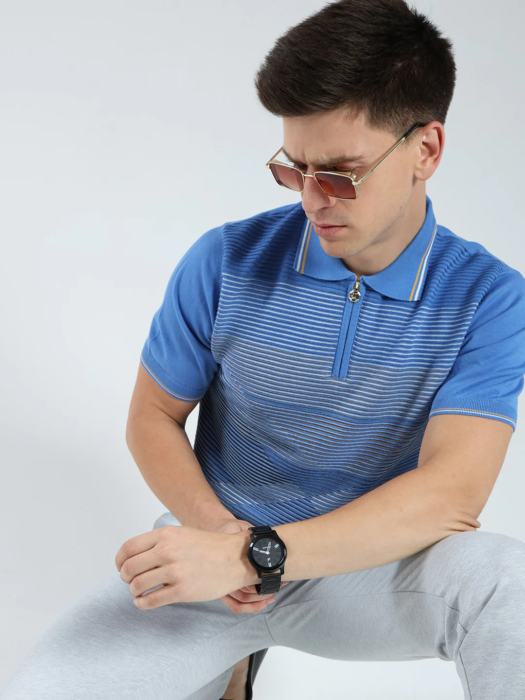 Luxuria Men Blue Stripe Collar Half Sleeve T-Shirt - Image 6