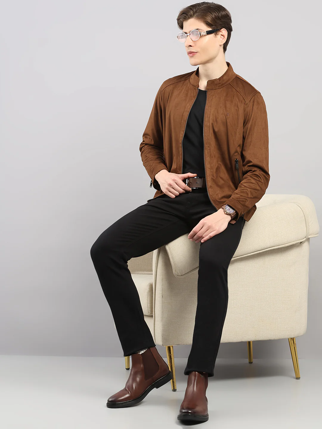 Luxuria Men Brown Solid Stand Collar Full Sleeve Jacket - Image 2