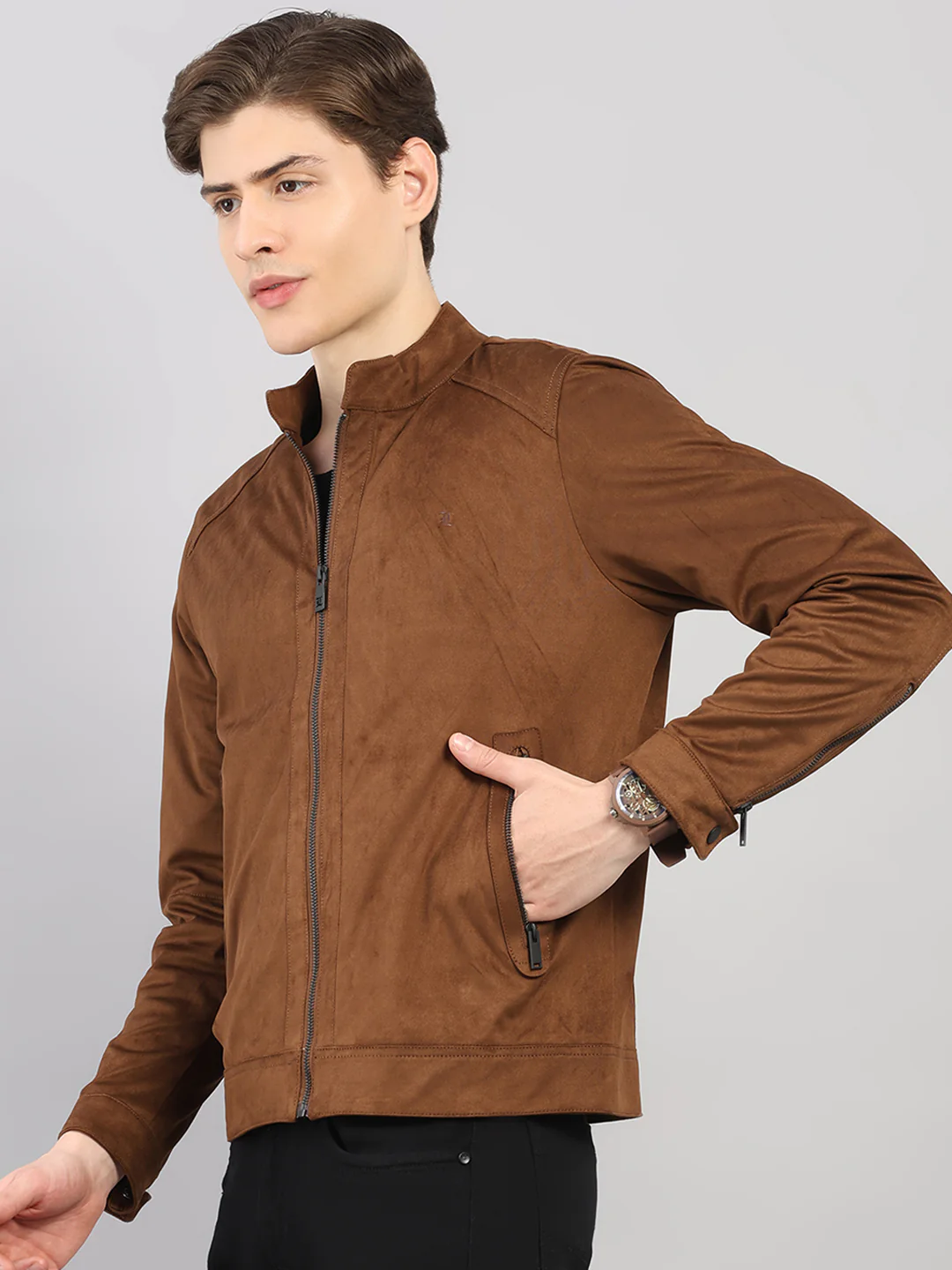 Luxuria Men Brown Solid Stand Collar Full Sleeve Jacket - Image 3