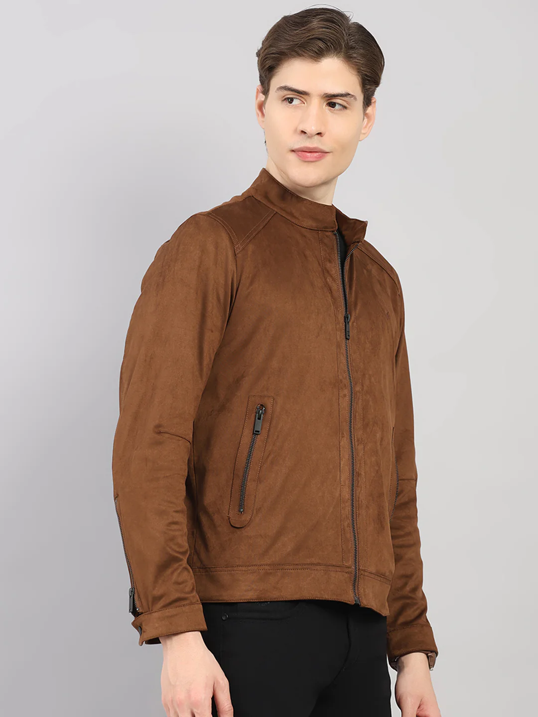 Luxuria Men Brown Solid Stand Collar Full Sleeve Jacket - Image 4