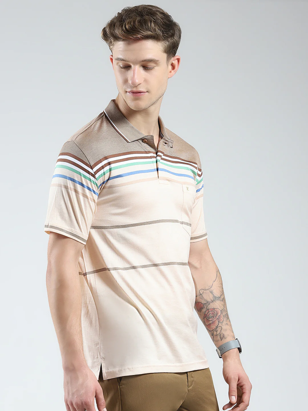 Luxuria Men Brown Stripe Collar Half Sleeve T-Shirt - Image 4
