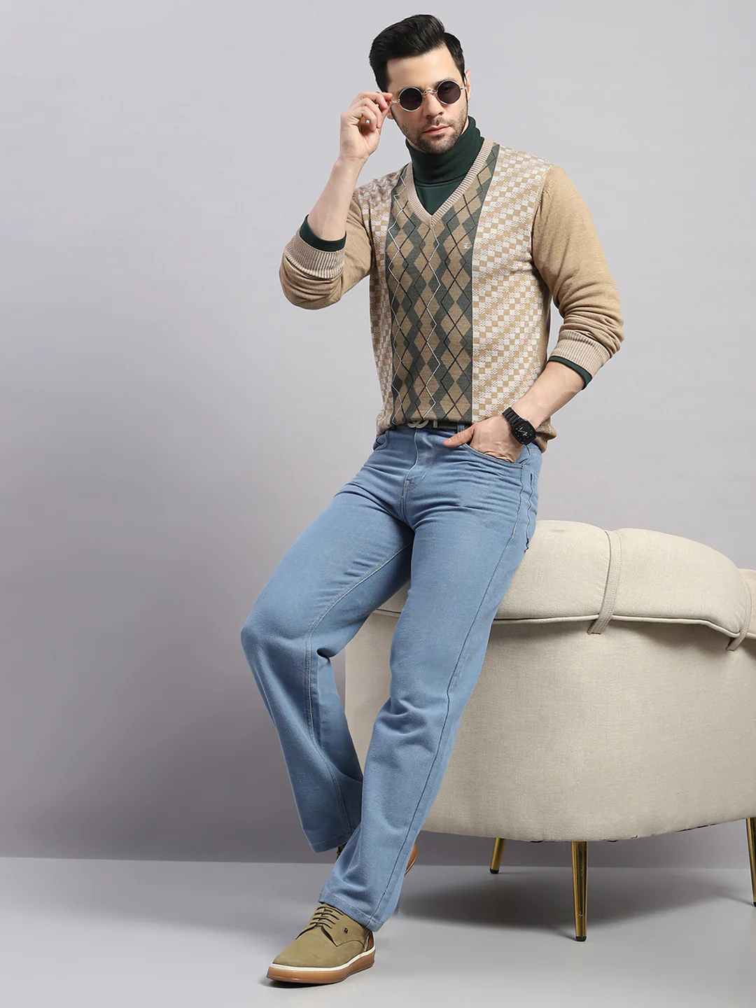 Luxuria Men Camel Brown Printed V Neck Full Sleeve Pullover - Image 2