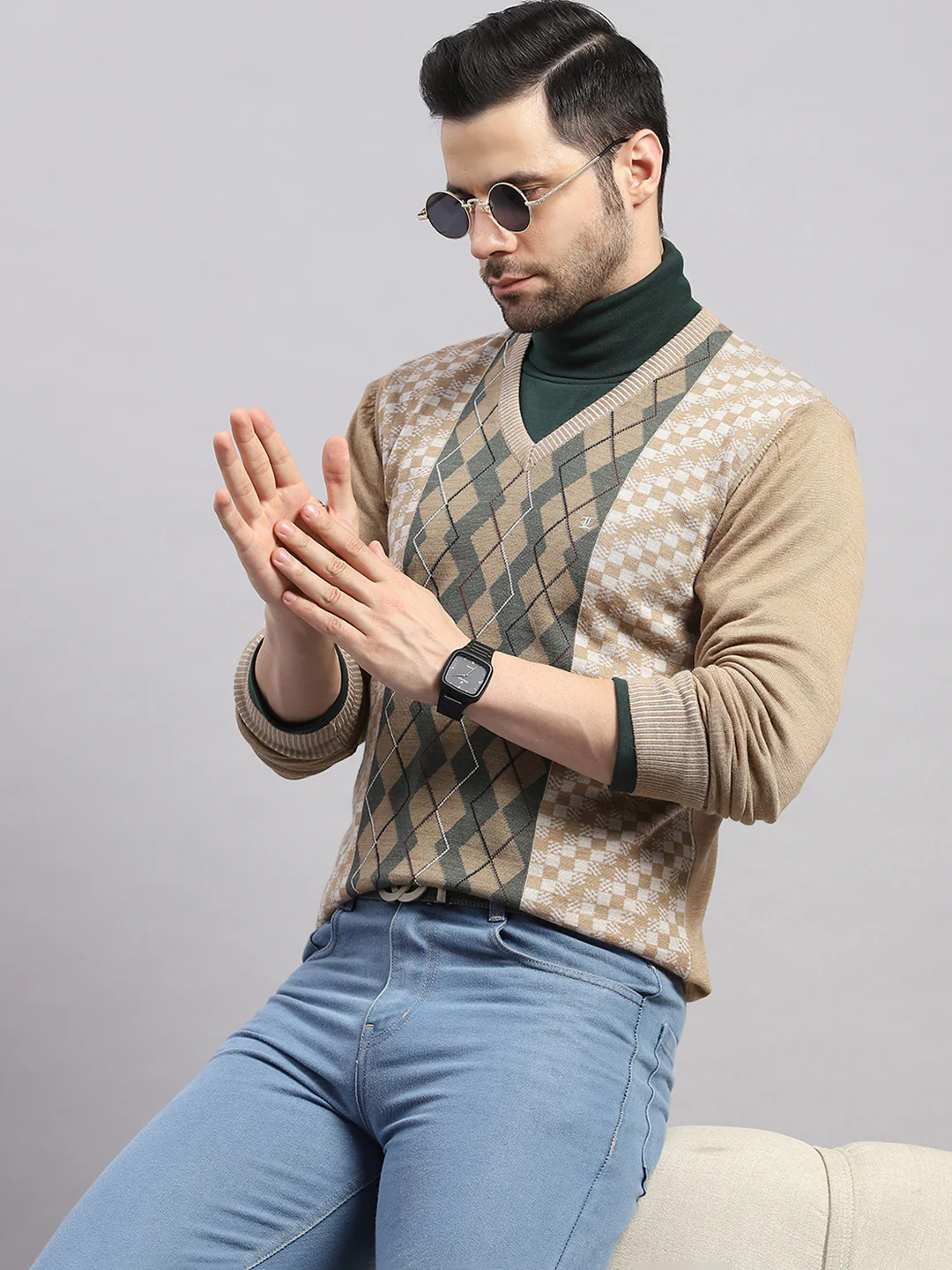 Luxuria Men Camel Brown Printed V Neck Full Sleeve Pullover - Image 6
