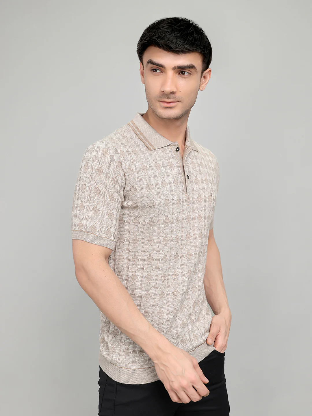 Luxuria Men Camel Brown Solid Collar Half Sleeve T-Shirt - Image 3
