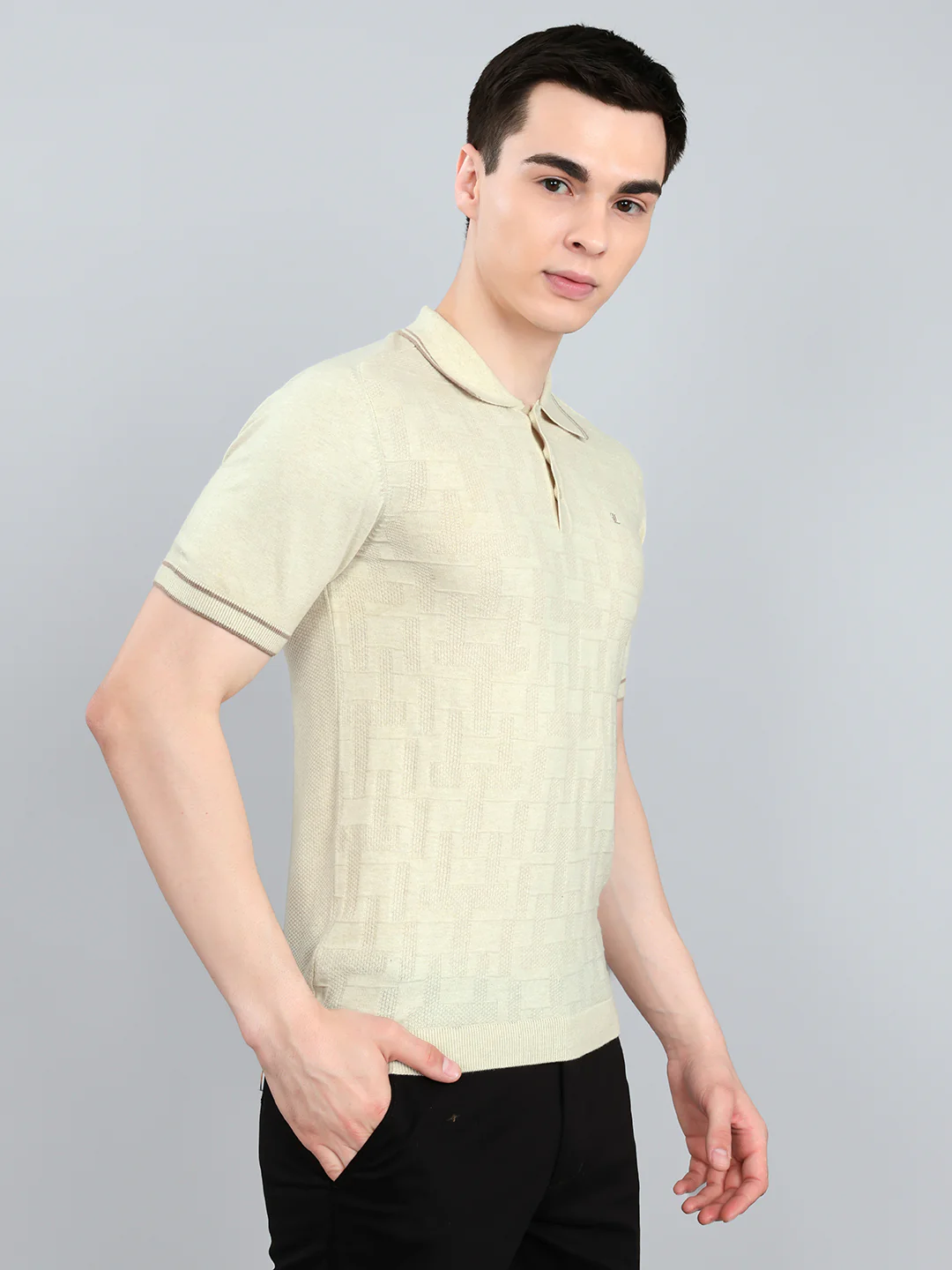 Luxuria Men Cream Self Design Collar Half Sleeve T-Shirt - Image 3