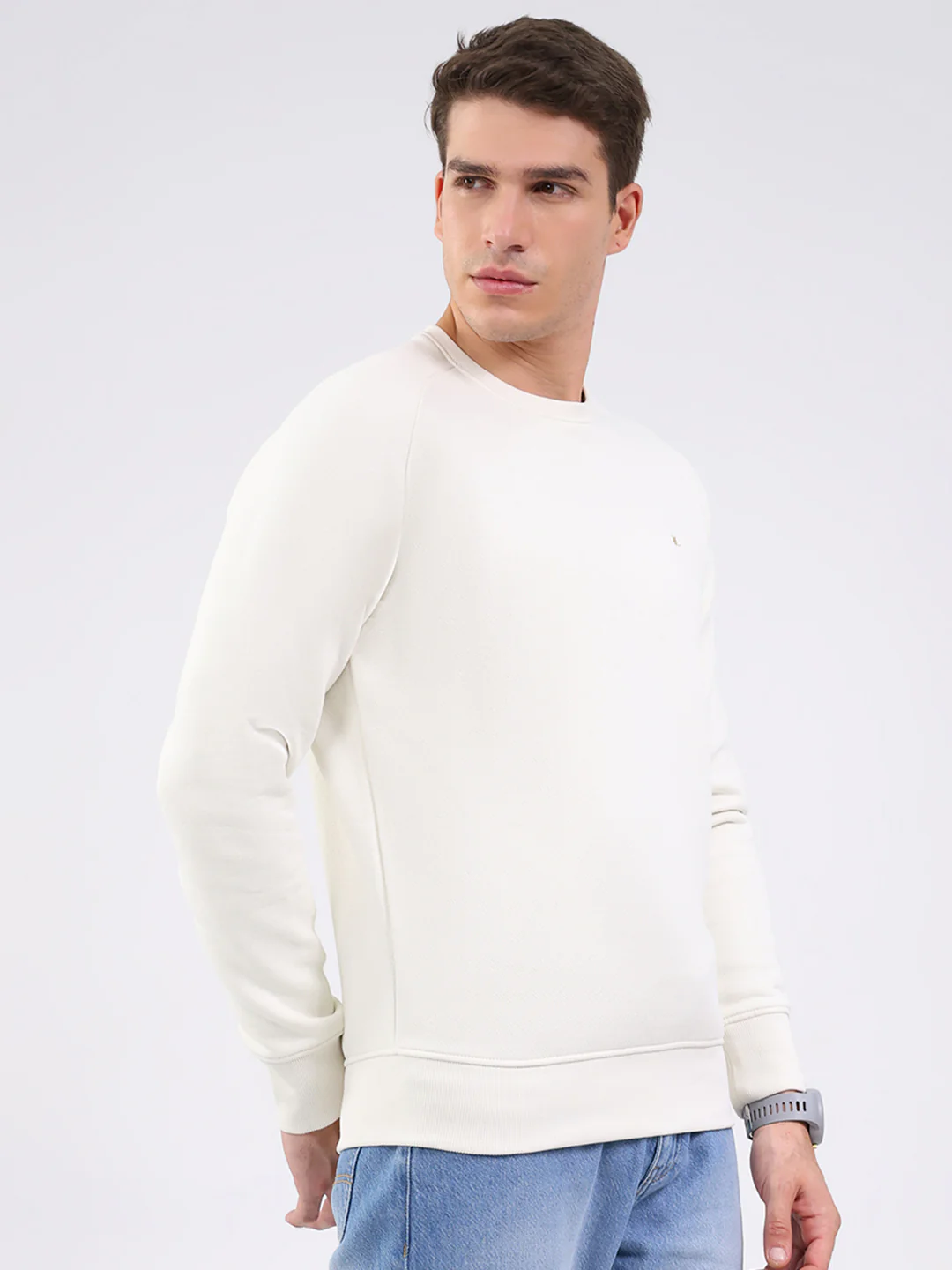 Luxuria Men Cream Solid Round Neck Full Sleeve Sweatshirt - Image 4