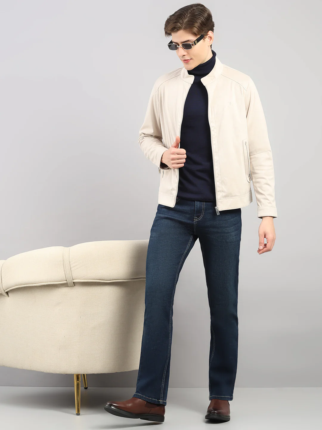 Luxuria Men Cream Solid Stand Collar Full Sleeve Jacket - Image 2