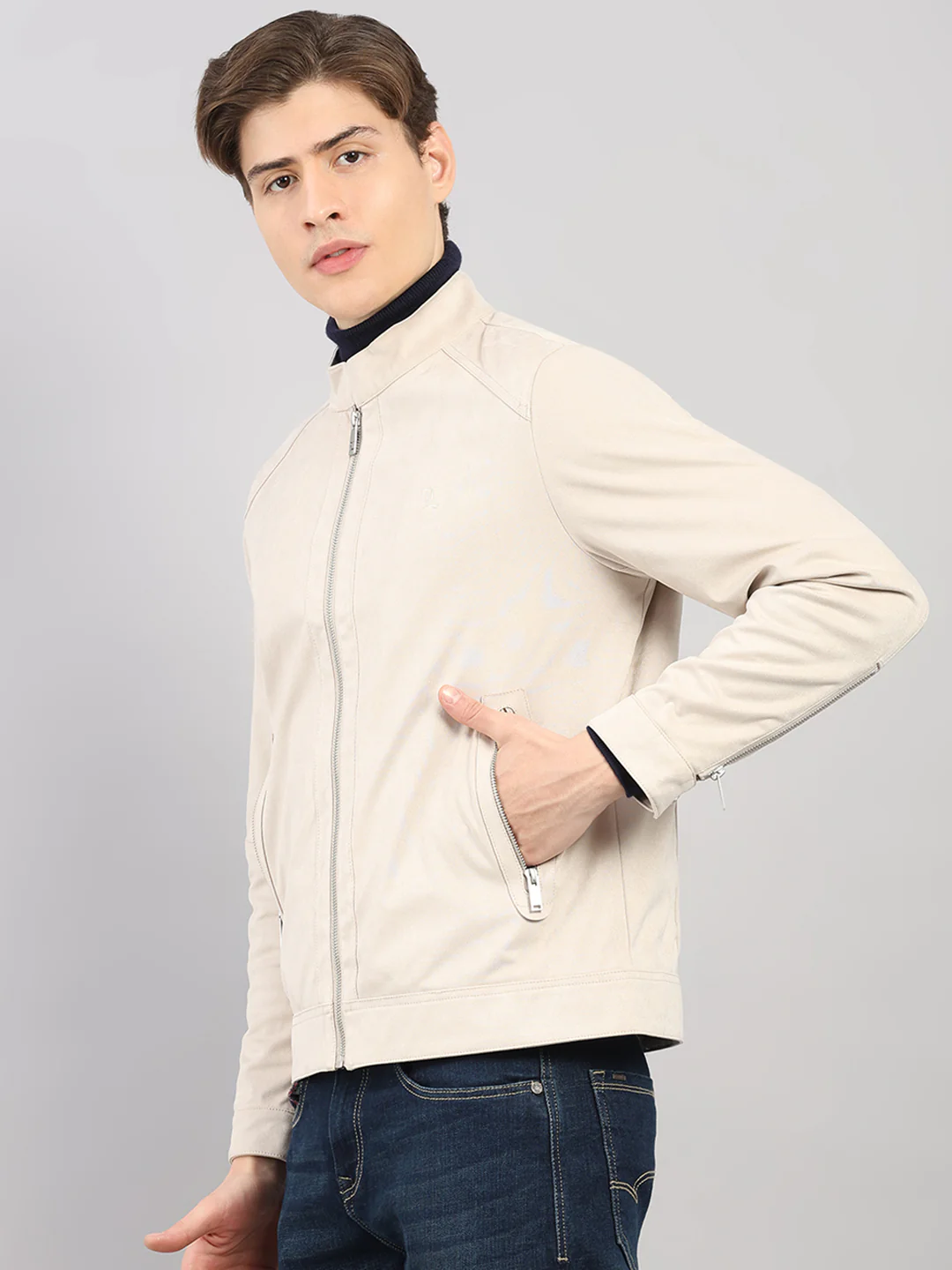 Luxuria Men Cream Solid Stand Collar Full Sleeve Jacket - Image 3