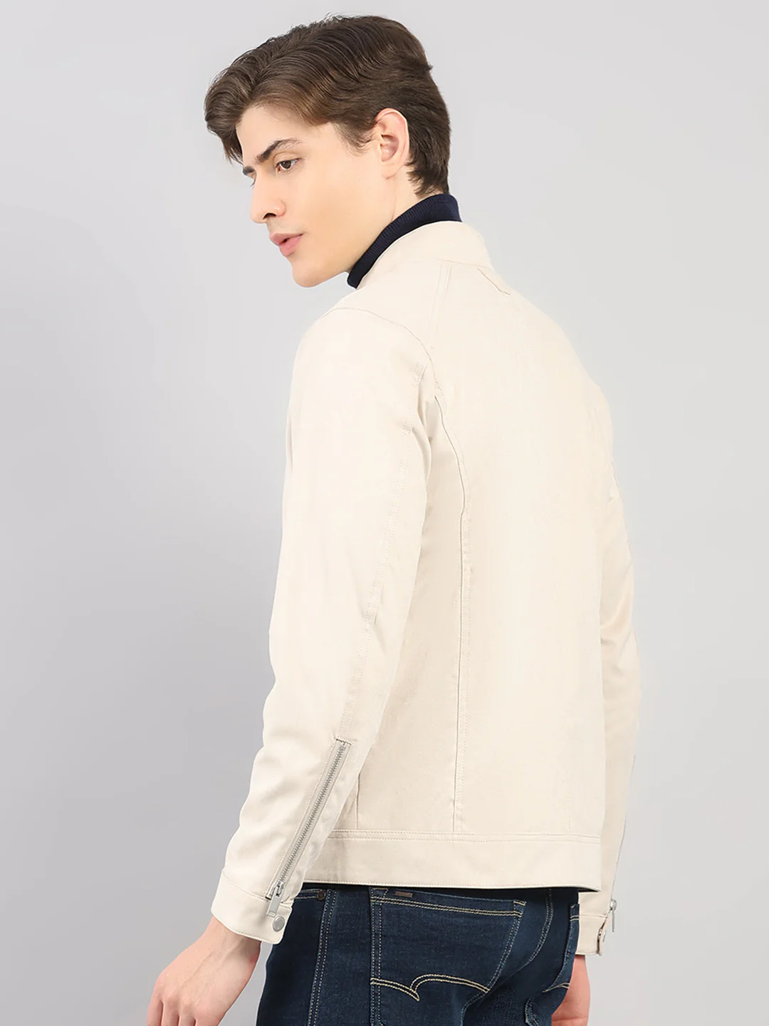 Luxuria Men Cream Solid Stand Collar Full Sleeve Jacket - Image 5