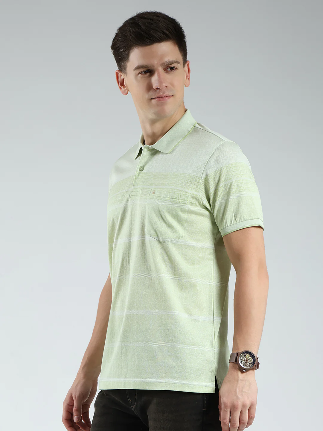 Luxuria Men Green Stripe Collar Half Sleeve T-Shirt - Image 3