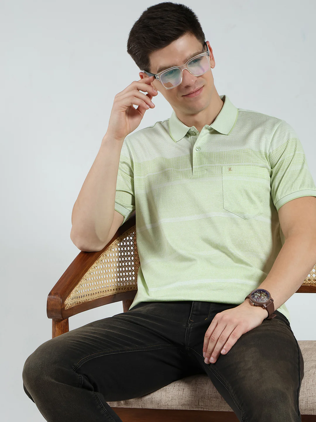 Luxuria Men Green Stripe Collar Half Sleeve T-Shirt - Image 6