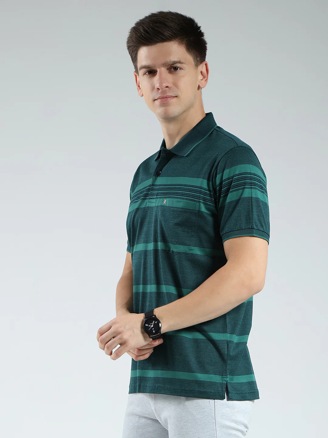 Luxuria Men Green Stripe Collar Half Sleeve T-Shirt - Image 3