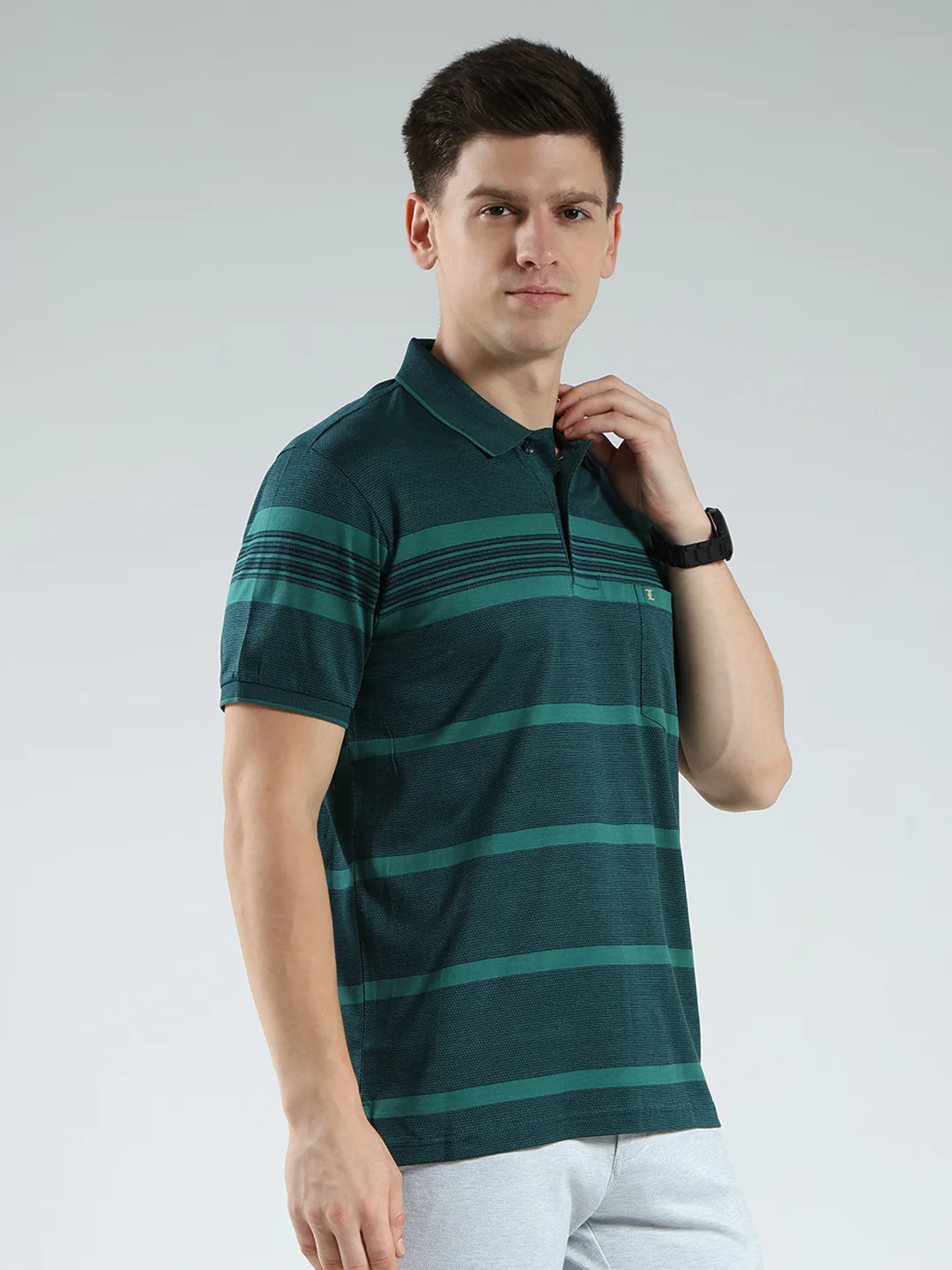 Luxuria Men Green Stripe Collar Half Sleeve T-Shirt - Image 4