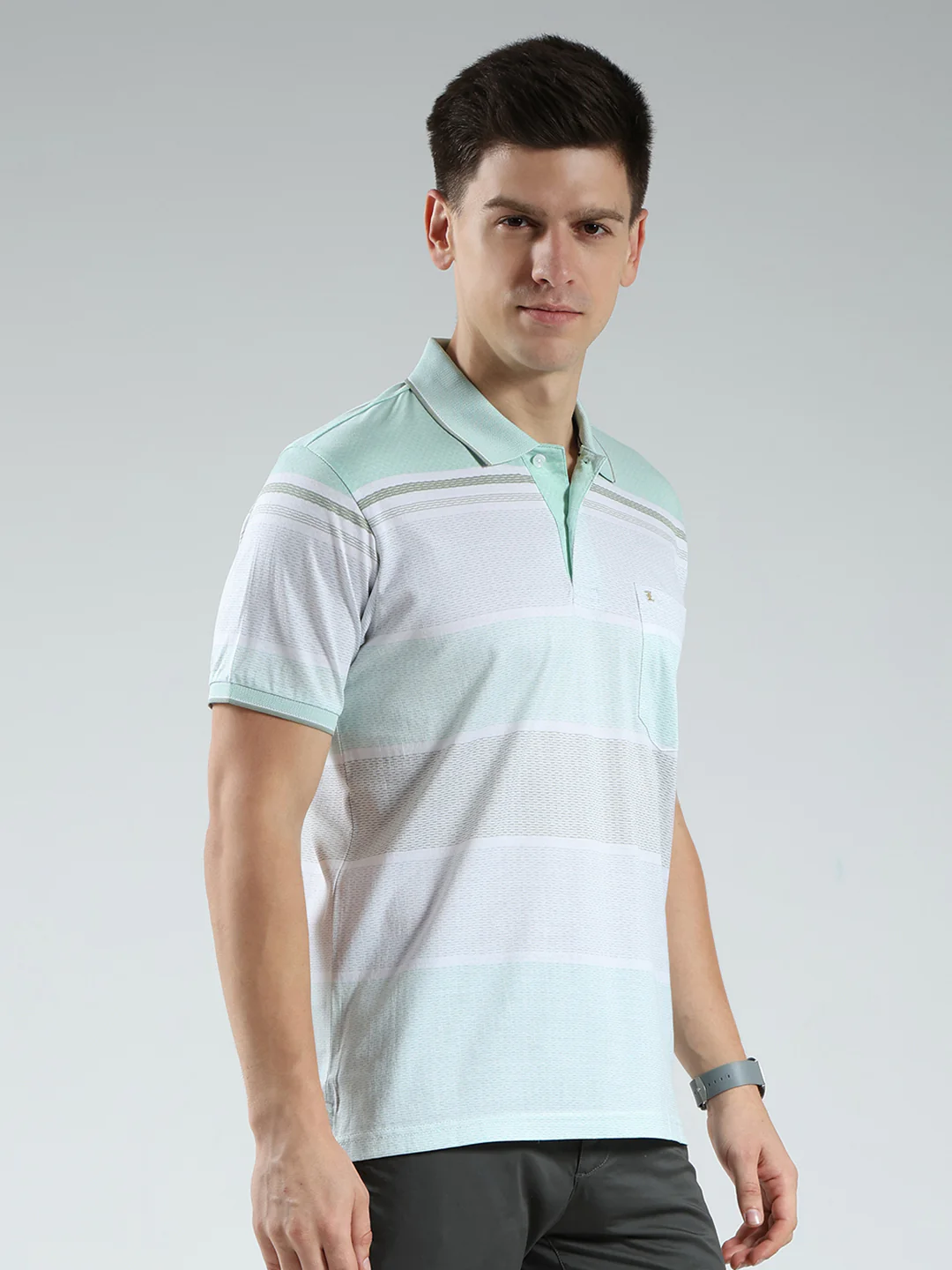 Luxuria Men Green Stripe Collar Half Sleeve T-Shirt - Image 4