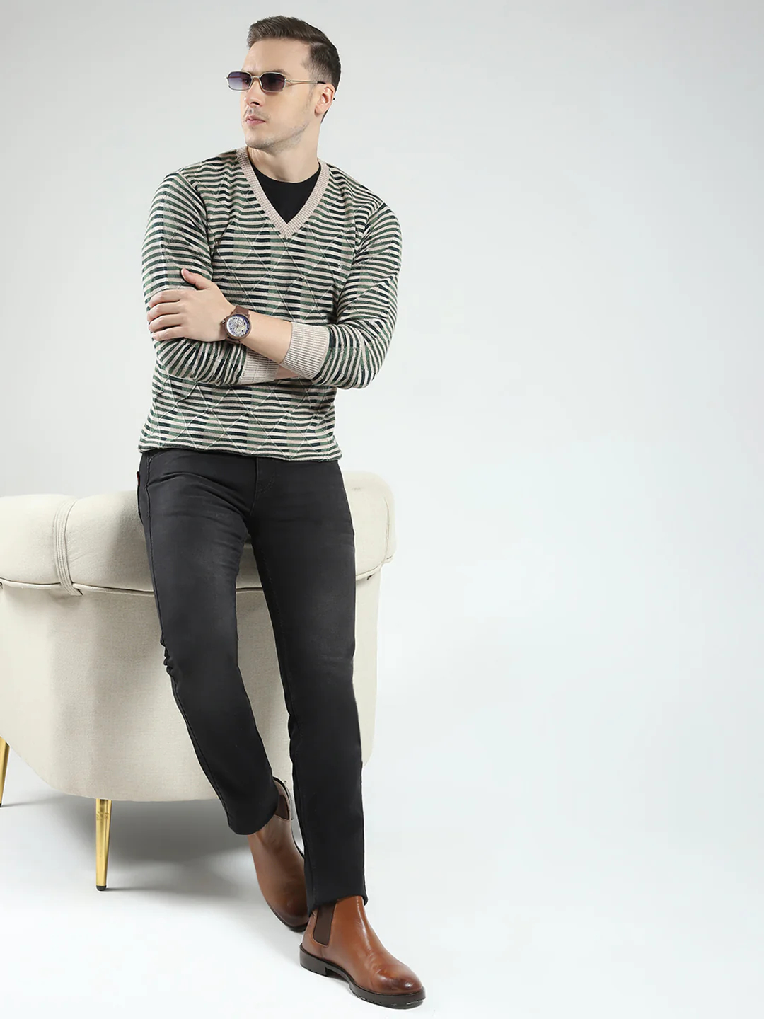 Luxuria Men Green Stripe V Neck Full Sleeve Pullover - Image 2