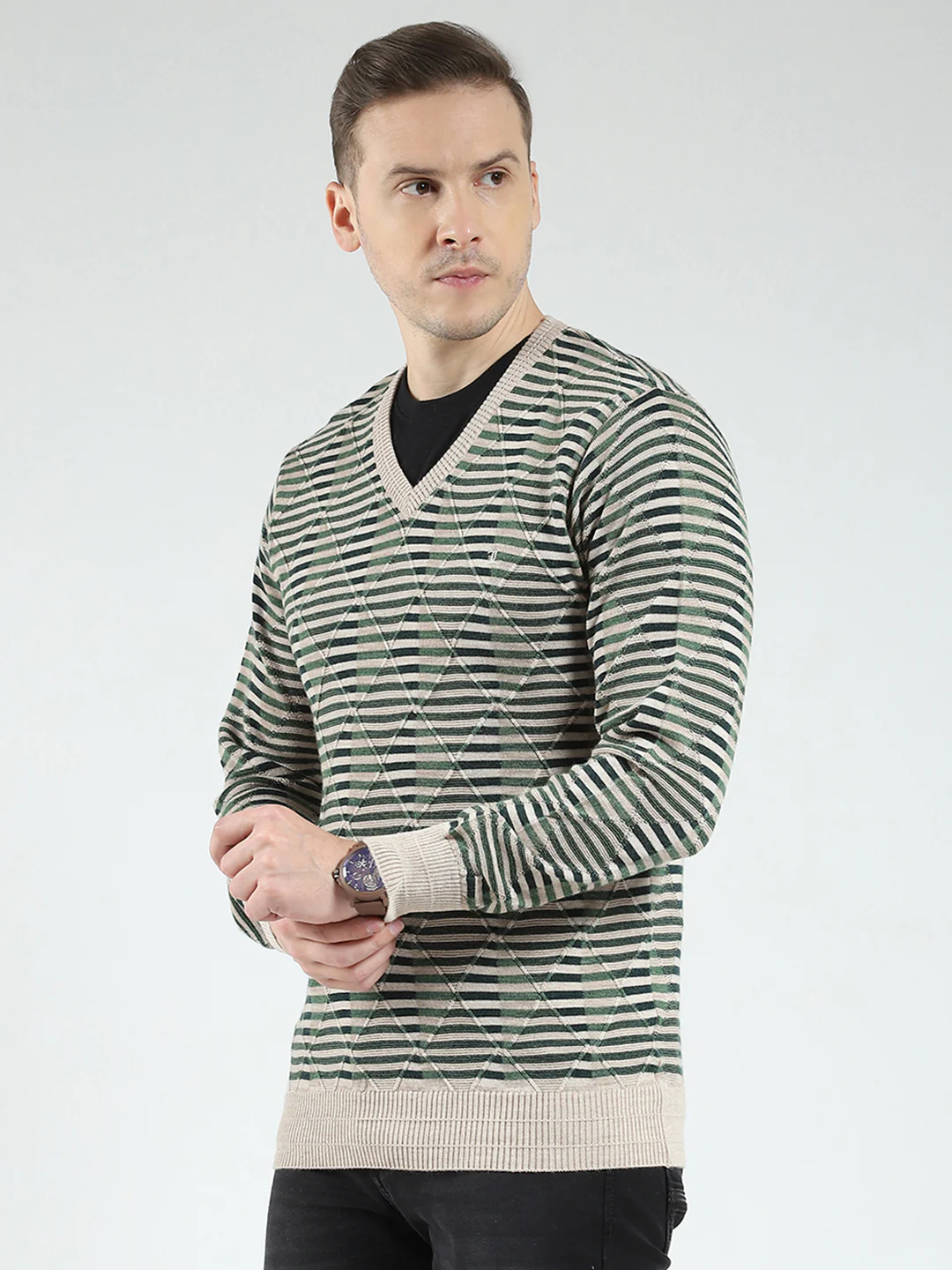 Luxuria Men Green Stripe V Neck Full Sleeve Pullover - Image 3
