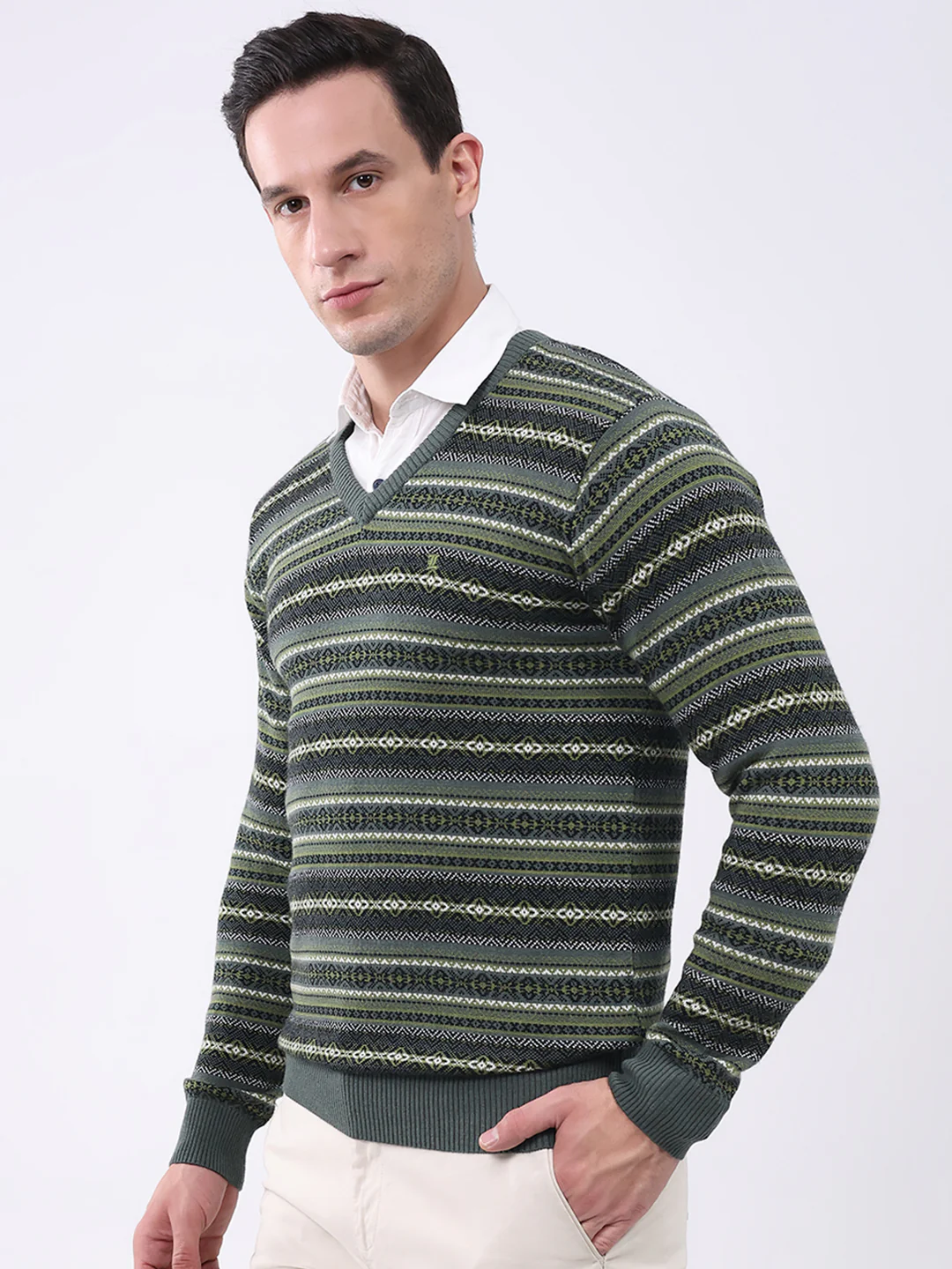 Luxuria Men Green Stripe V Neck Full Sleeve Pullover - Image 3