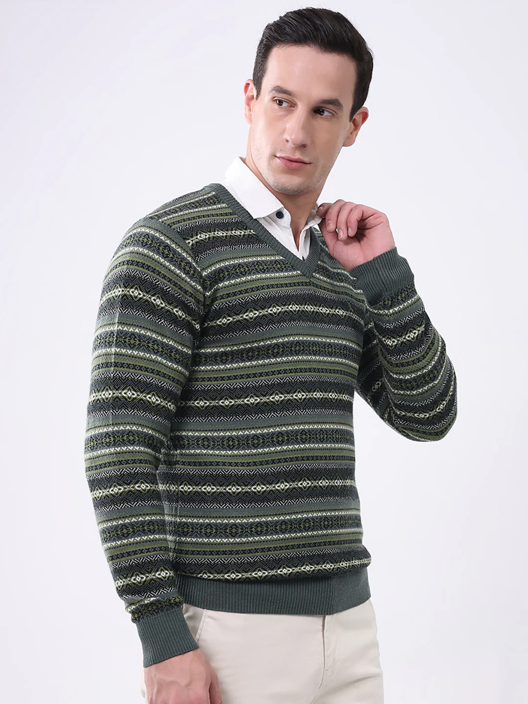 Luxuria Men Green Stripe V Neck Full Sleeve Pullover - Image 4