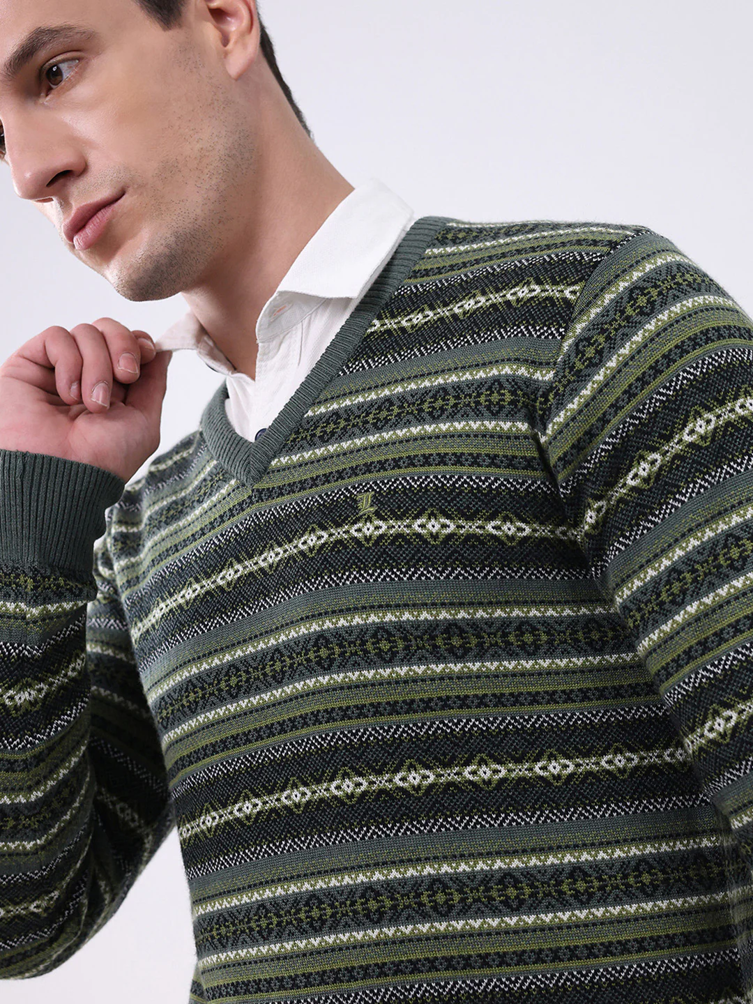Luxuria Men Green Stripe V Neck Full Sleeve Pullover - Image 6