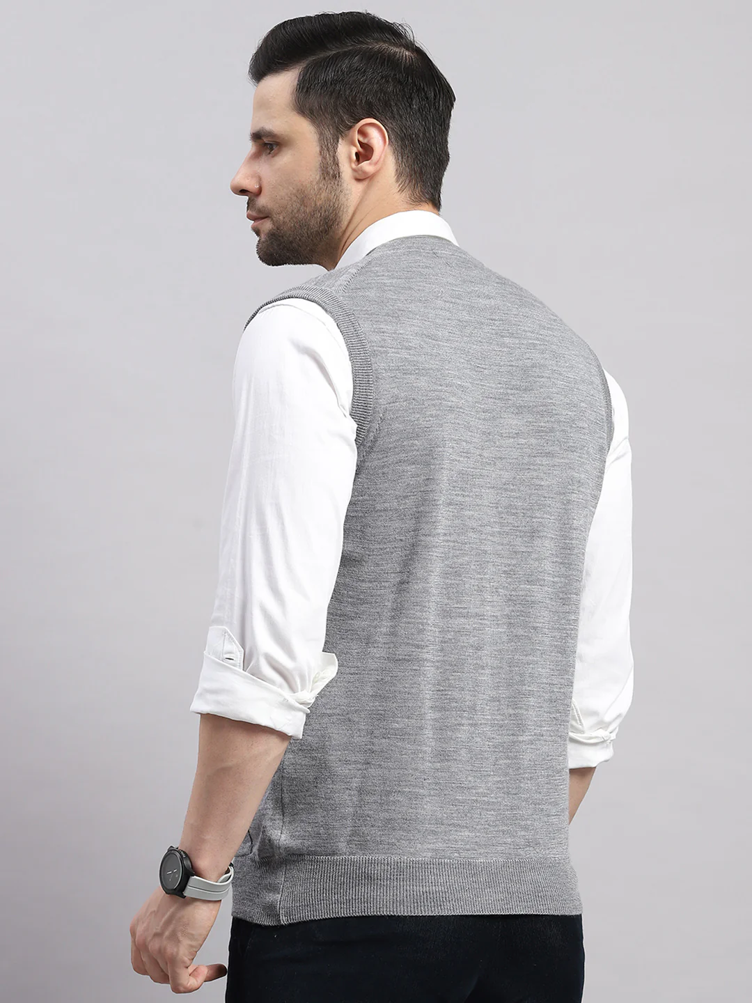 Luxuria Men Grey Melange Solid V Neck Sleeveless Cardigan - Image 5