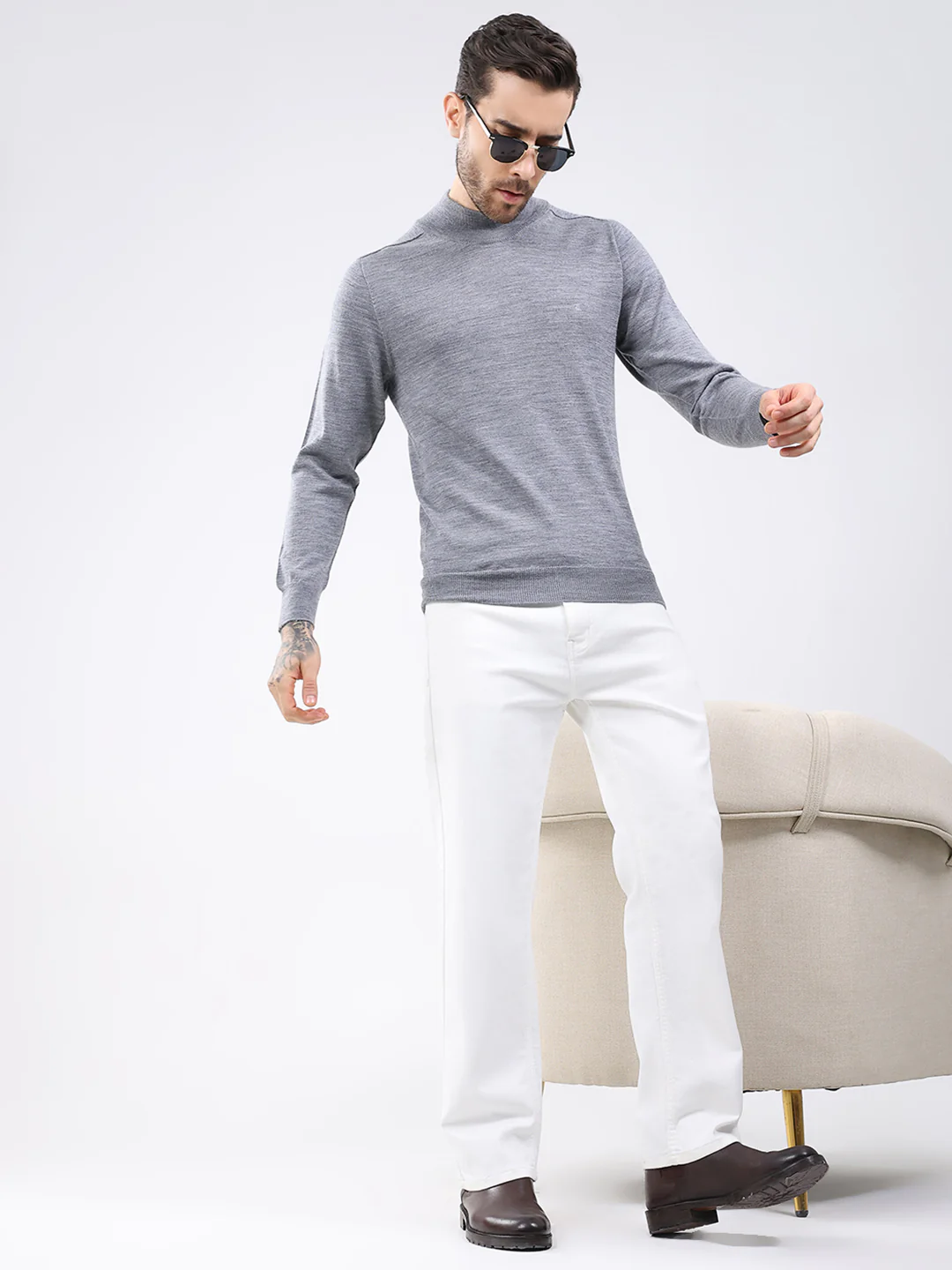 Luxuria Men Grey Solid High Neck Full Sleeve Pullover - Image 2