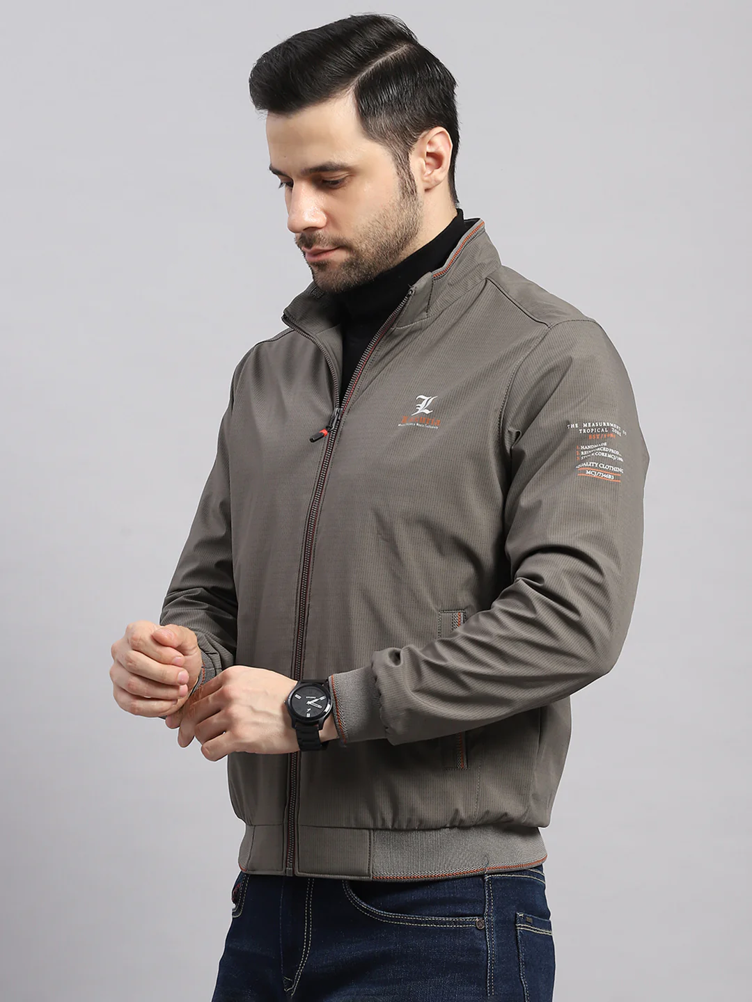 Luxuria Men Grey Solid Stand Collar Full Sleeve Jacket - Image 3