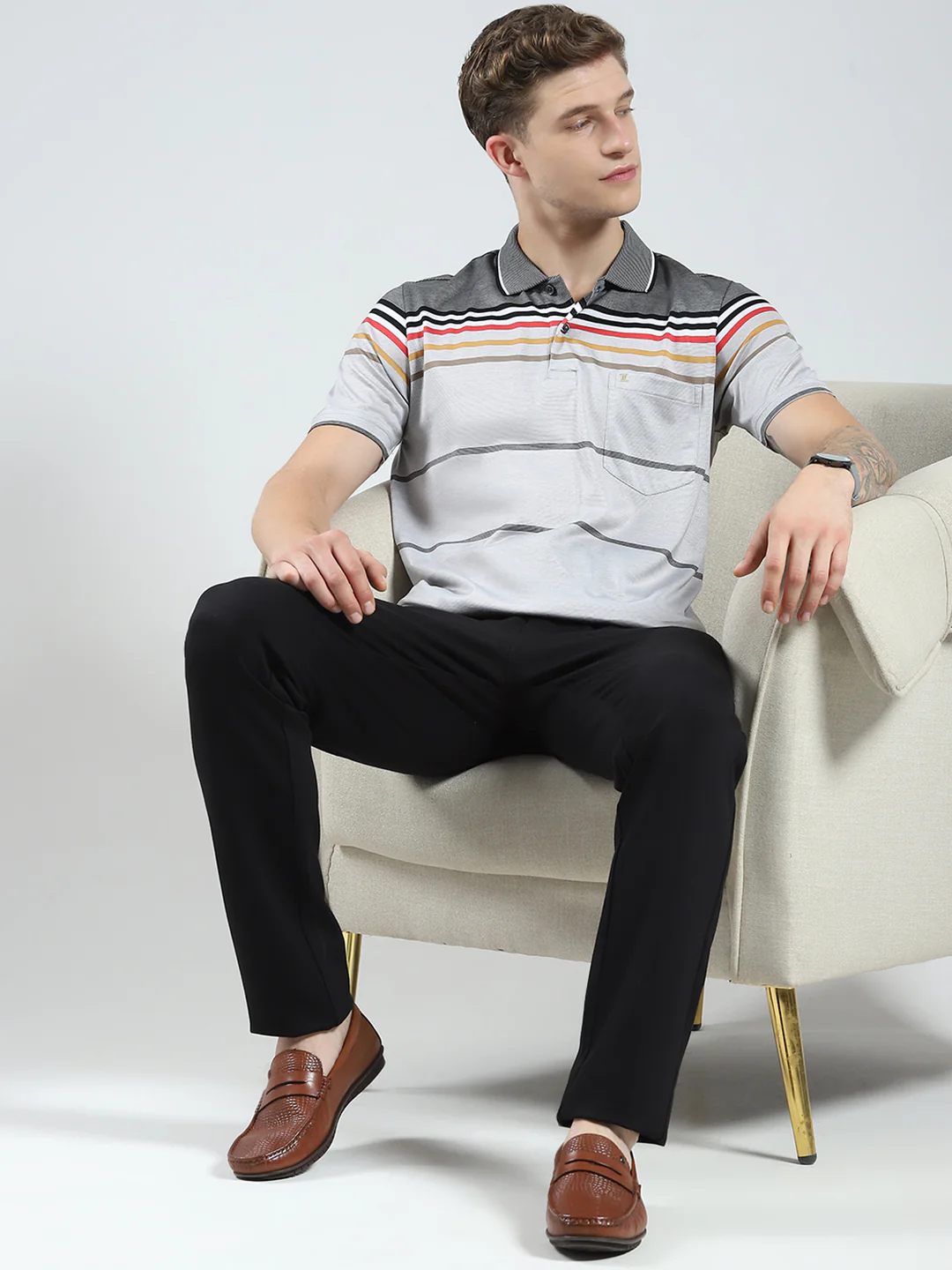Luxuria Men Grey Stripe Collar Half Sleeve T-Shirt - Image 2