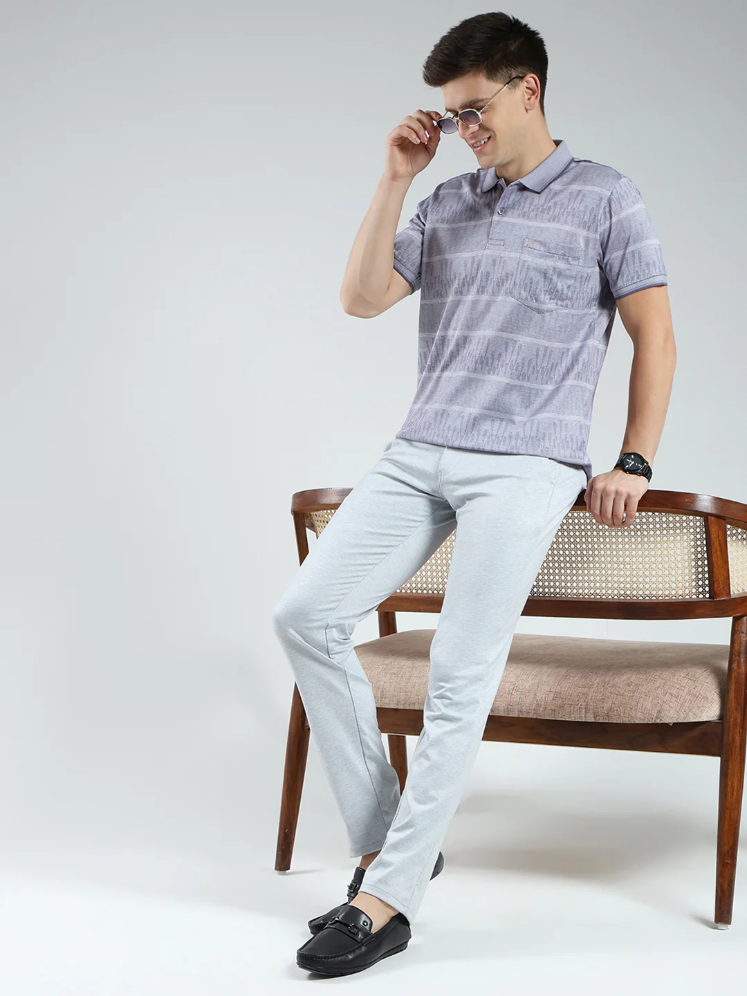 Luxuria Men Grey Stripe Collar Half Sleeve T-Shirt - Image 2