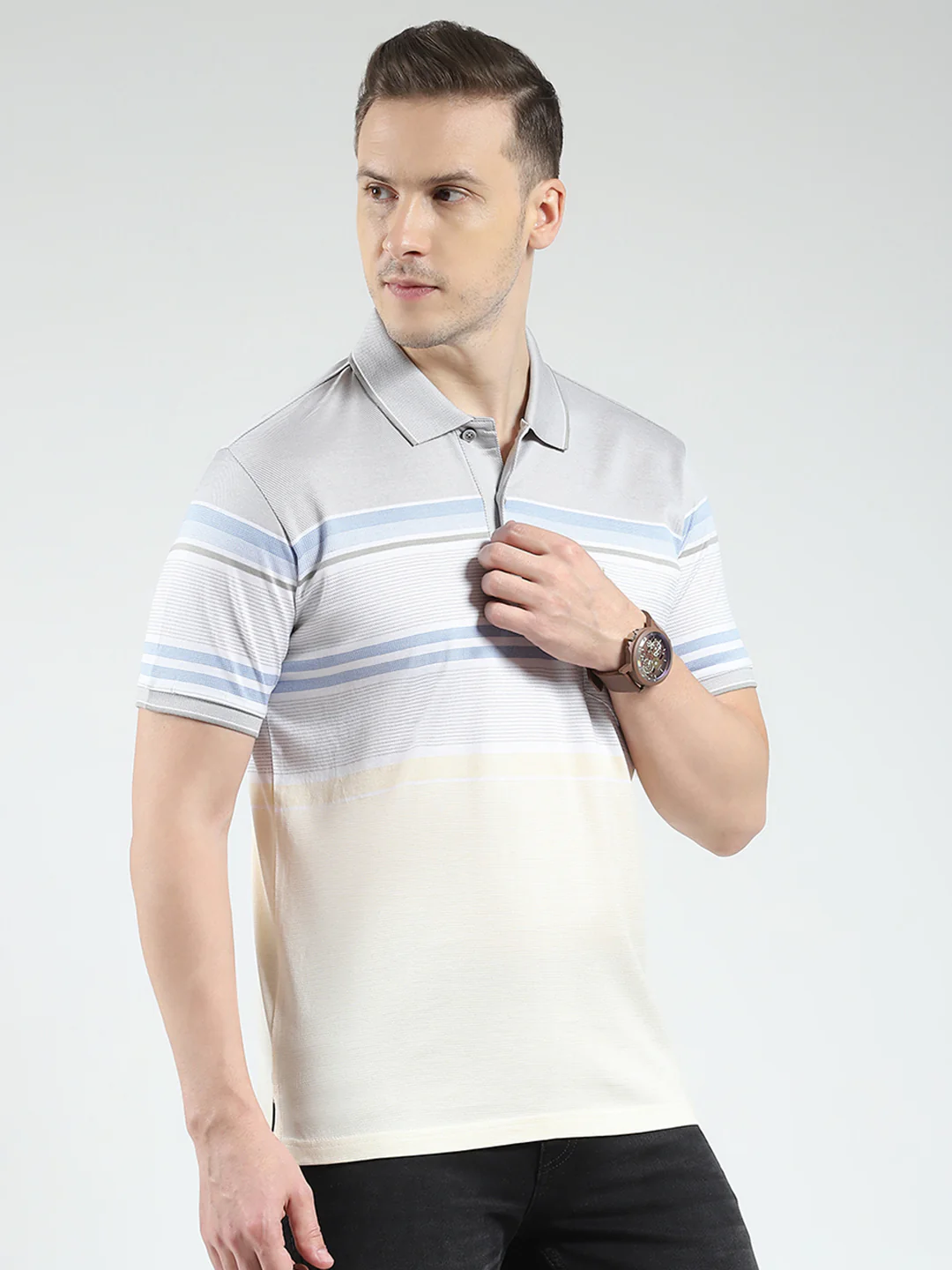 Luxuria Men Grey Stripe Collar Half Sleeve T-Shirt - Image 4