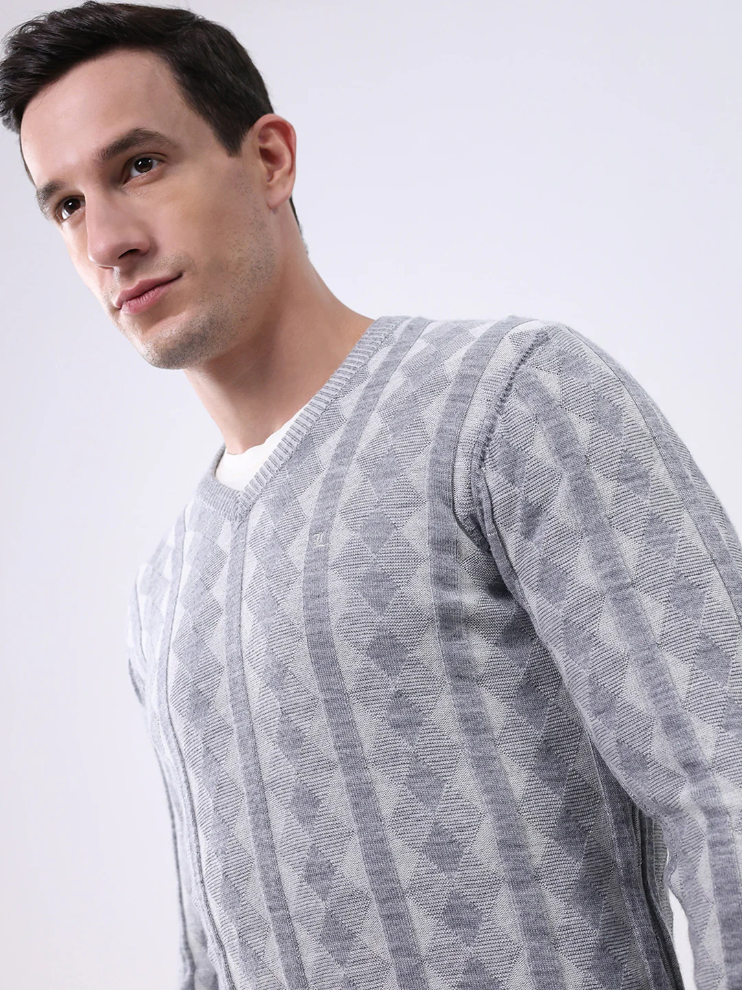 Luxuria Men Grey Stripe V Neck Full Sleeve Pullover - Image 6