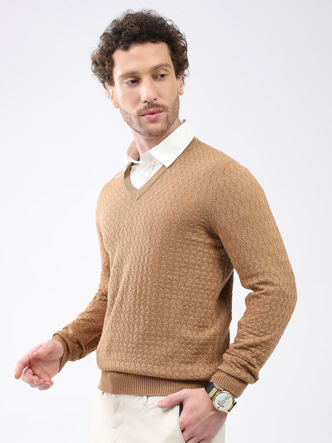 Luxuria Men Khaki Self Design V Neck Full Sleeve Pullover - Image 3