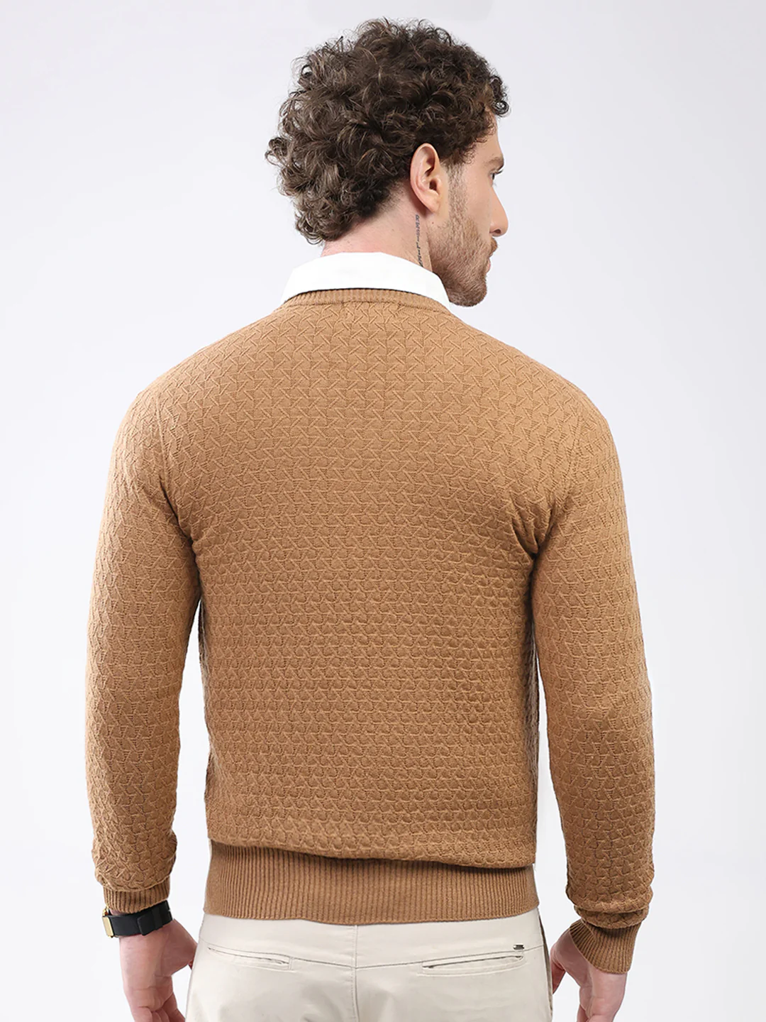 Luxuria Men Khaki Self Design V Neck Full Sleeve Pullover - Image 5