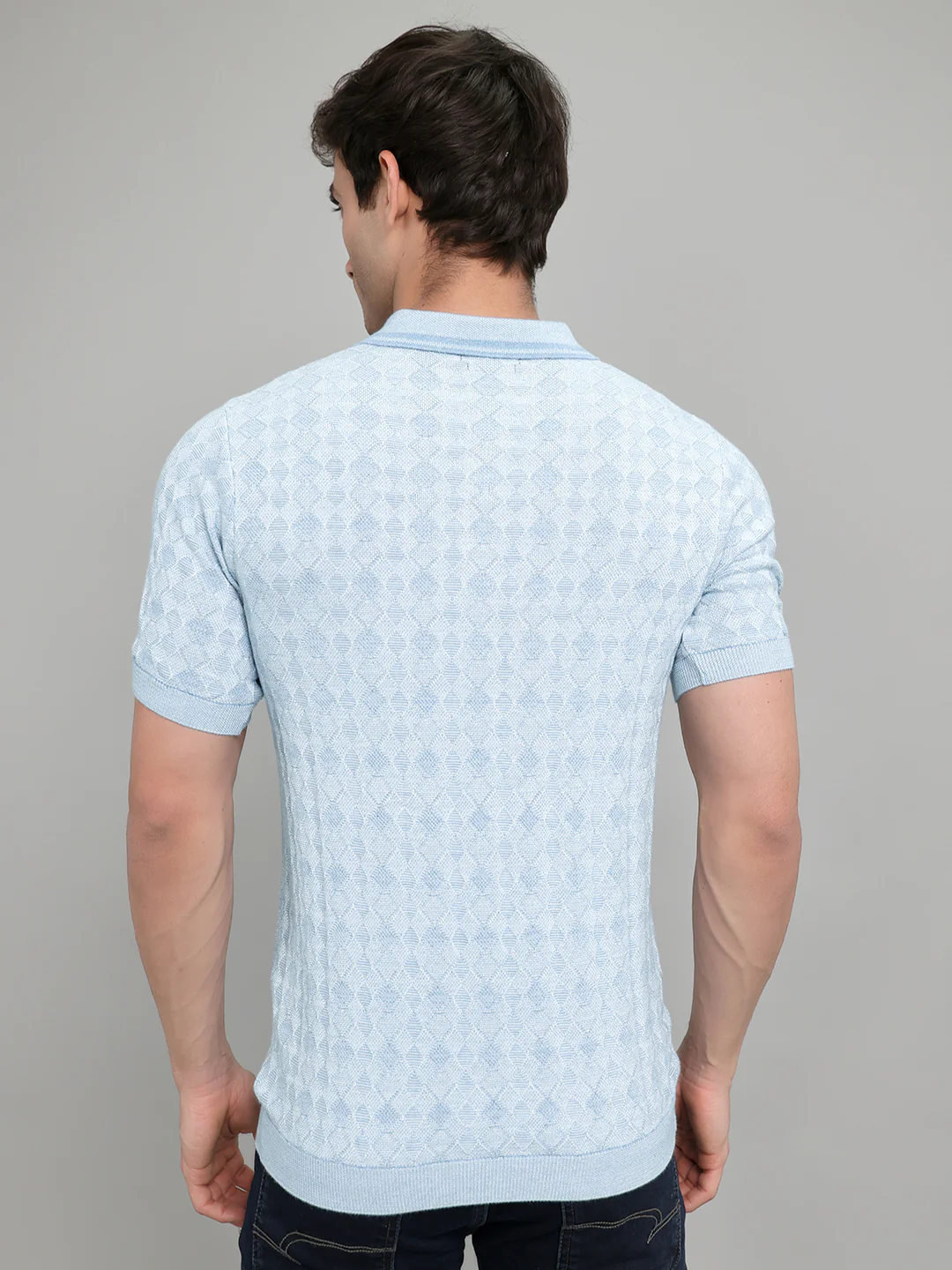 Luxuria Men Light Blue Jacquard Collar Half Sleeve T-Shirt - Image 4