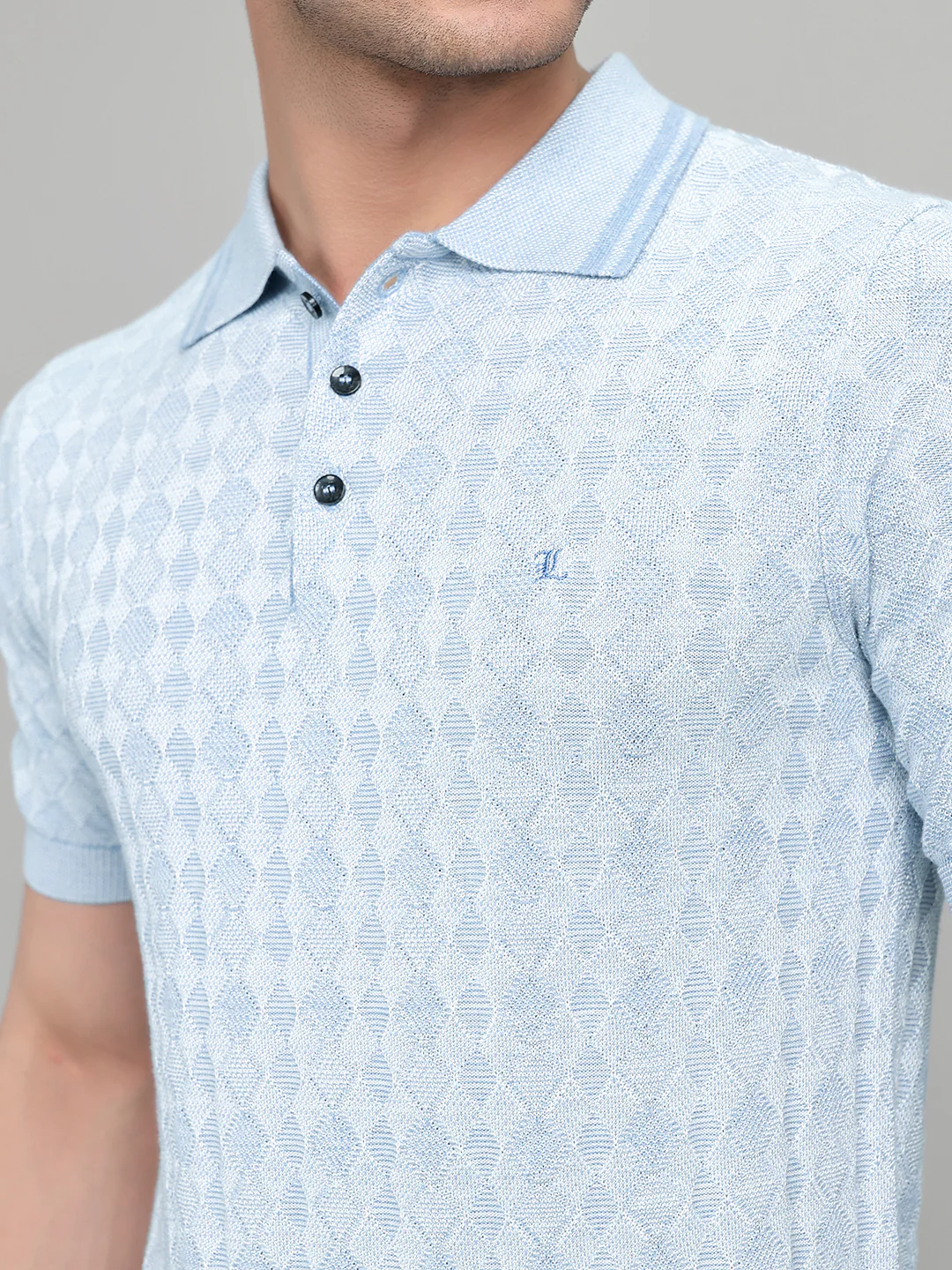 Luxuria Men Light Blue Jacquard Collar Half Sleeve T-Shirt - Image 5