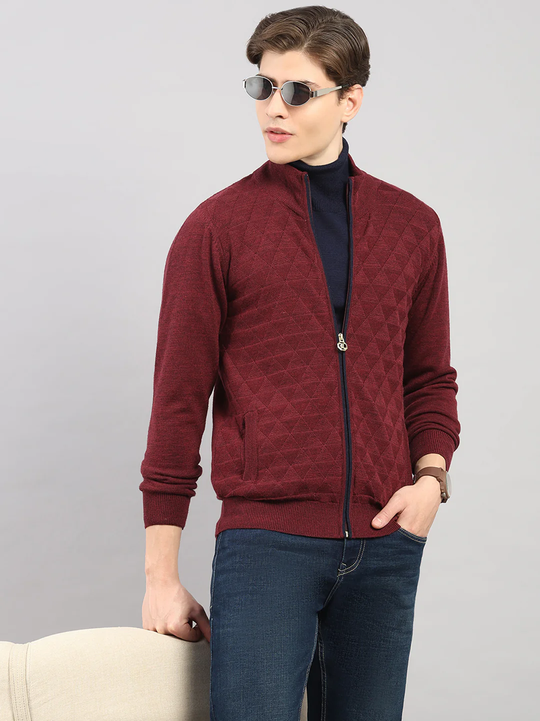 Luxuria Men Maroon Self Design Round Neck Full Sleeve Pullover - Image 6