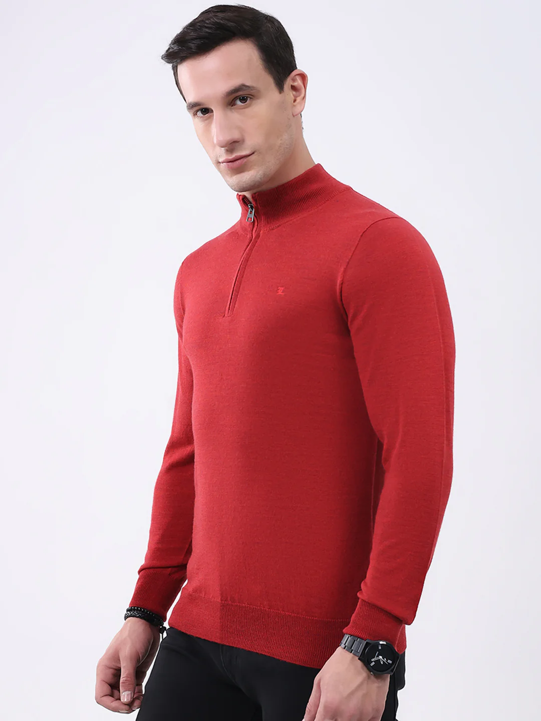 Luxuria Men Maroon Solid Mock Neck Full Sleeve Pullover - Image 3